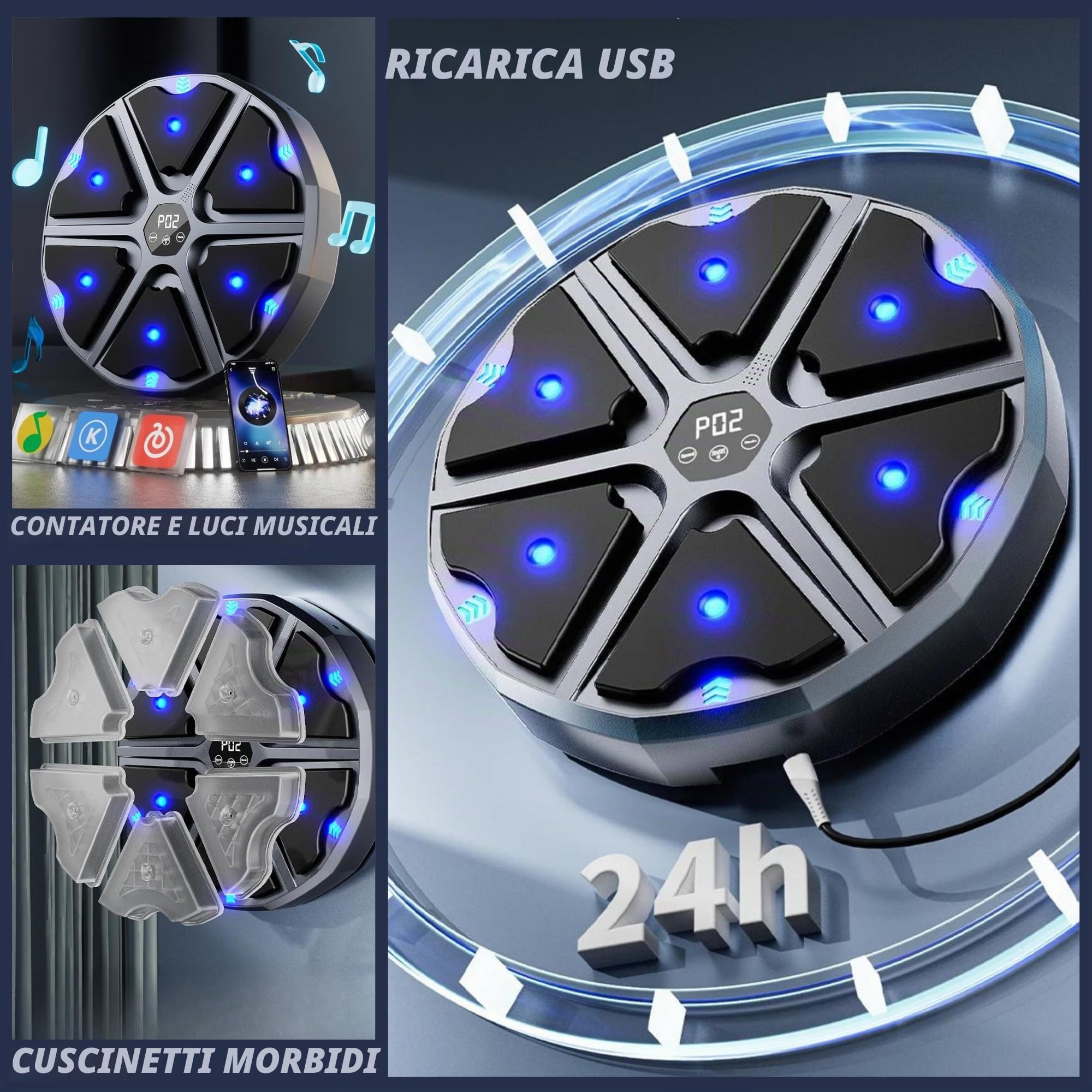 MAGIC SELECT Macchina da Boxe Musicale, Attrezzatura da Allenamento per Boxe a Parete in PU con Guantoni da Boxe, Pad da Boxe a LED, Bluetooth, Luci al Ritmo della Musica. (2 Mode, 43x43x4 cm)