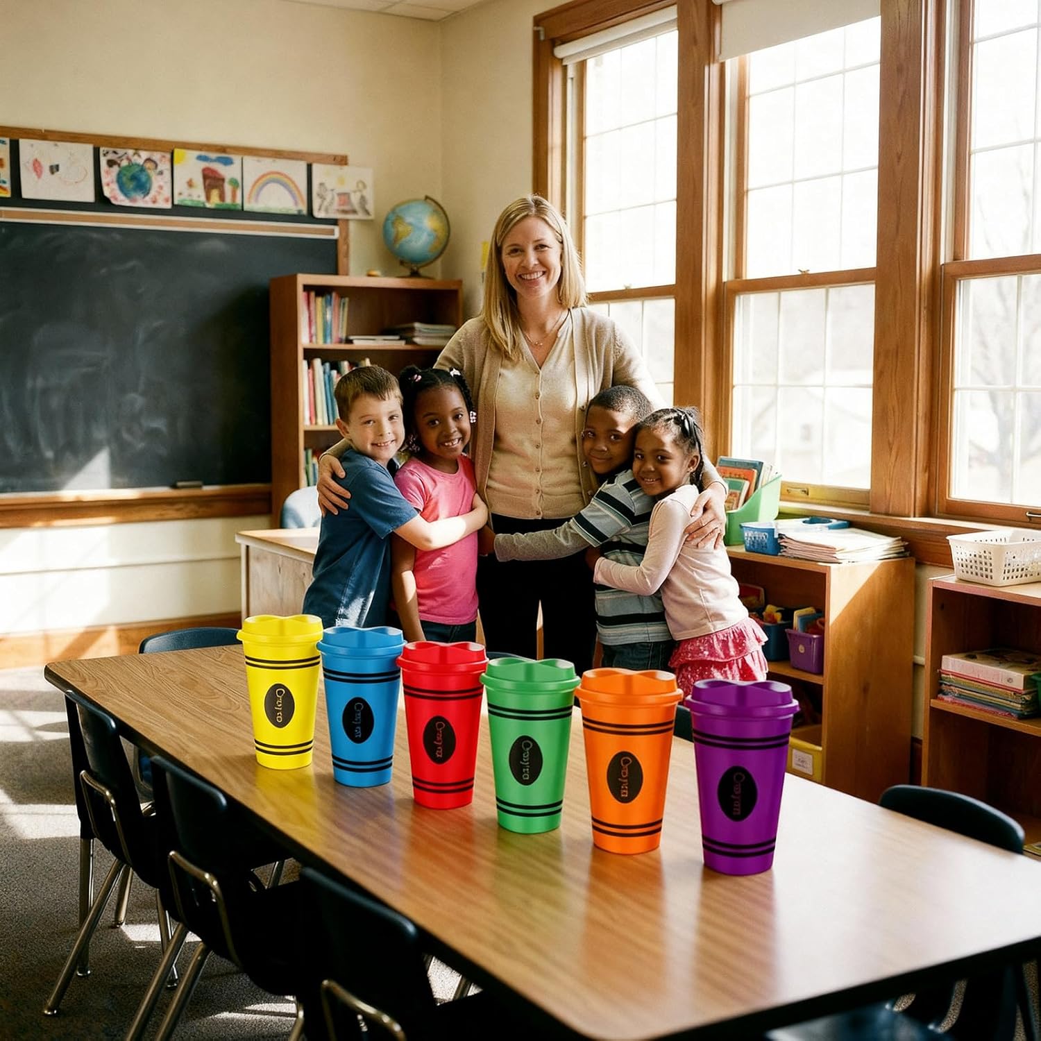 Maxdot 6 Set Teacher Appreciation Gifts Bulk 16 oz Teacher Plastic Cups Crayon Tumblers with Apple Keychain Yellow Ribbon Cup Holders with Handle for Teacher's Day Graduation Back to School Classroom
