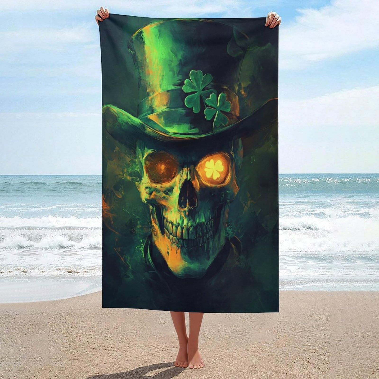 LSRCPD Skull Wearing Green Top Hat with Shamrock Beach Towel Sand Free Microfiber Large Shower Towels Multipurpose Absorbent for Bathroom Pool 130x80 CM