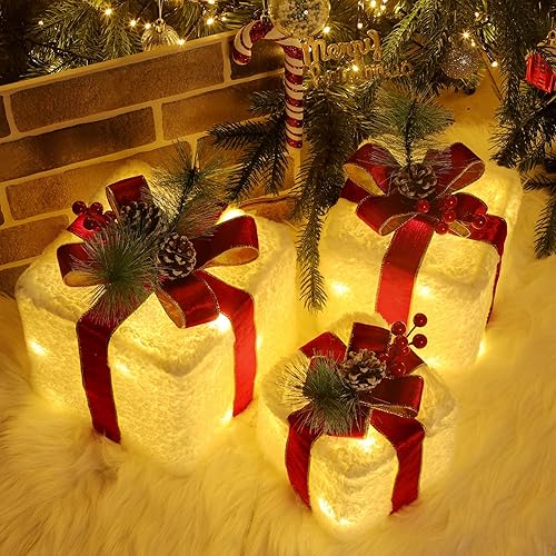 Elegear Cajas de regalo iluminadas de Navidad, decoraciones de Navidad para interiores, 8 modos, juego de 3 cajas de regalo con 60 luces LED,
