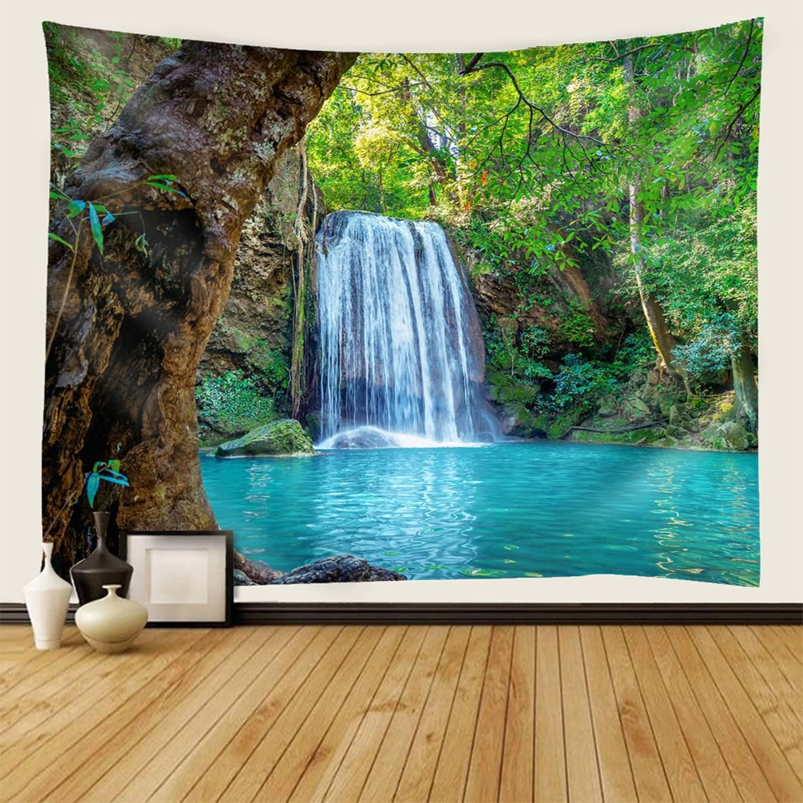 Landschaft Tapisserie Wandbehang | Polyester Natürliche Landschaft mit Wasserfall Wandbehang Dekoration für Wohnzimmer Schlafzimmer & Schlafsaal | Grün Blau Weiß, 350x256cm