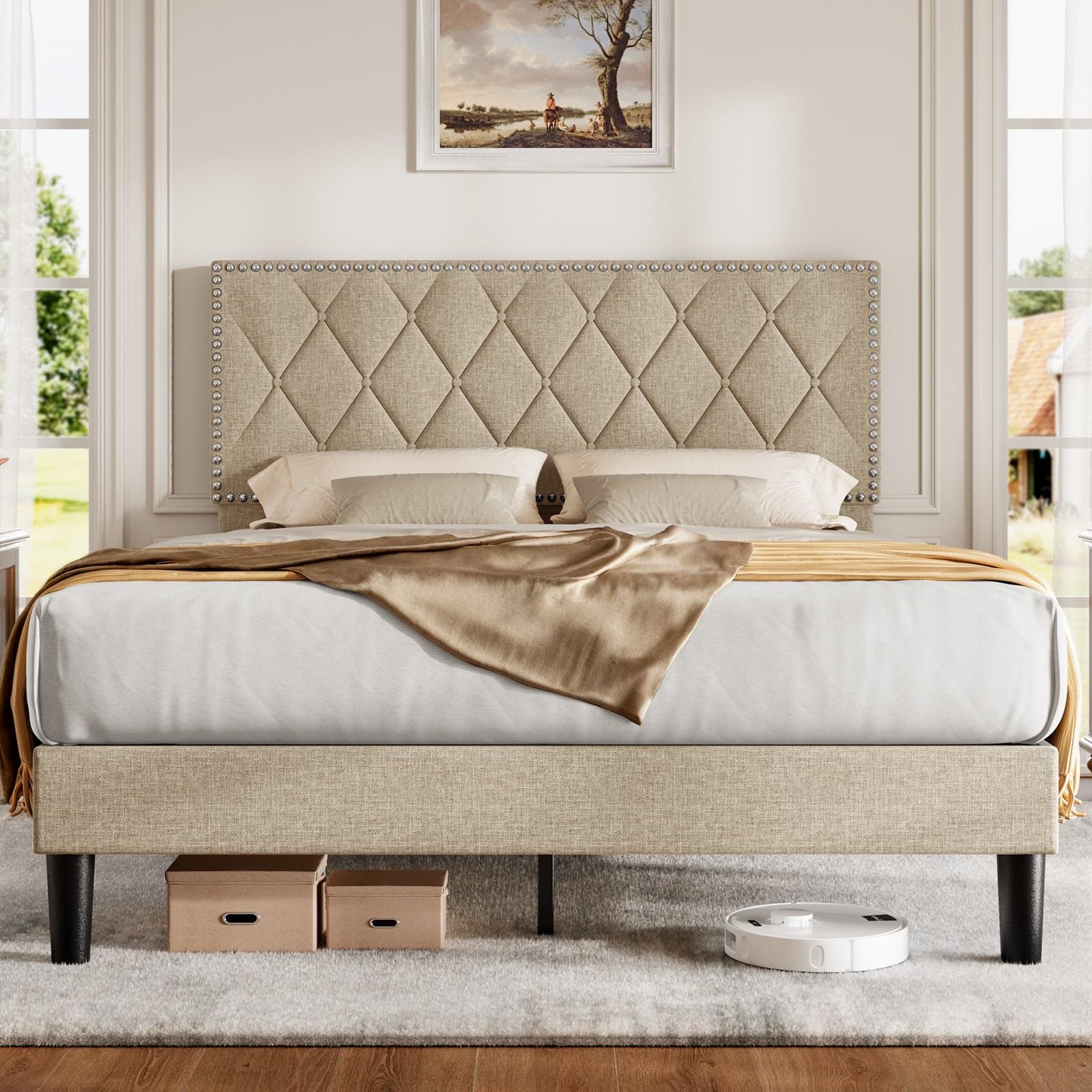 Queen Size Platform Bed Frame with Upholstered Button Tufted Adjustable Headboard, Mattress Foundation with Wooden Slat Support, No Box Spring Needed, Noise Free, Easy Assembly, Beige
