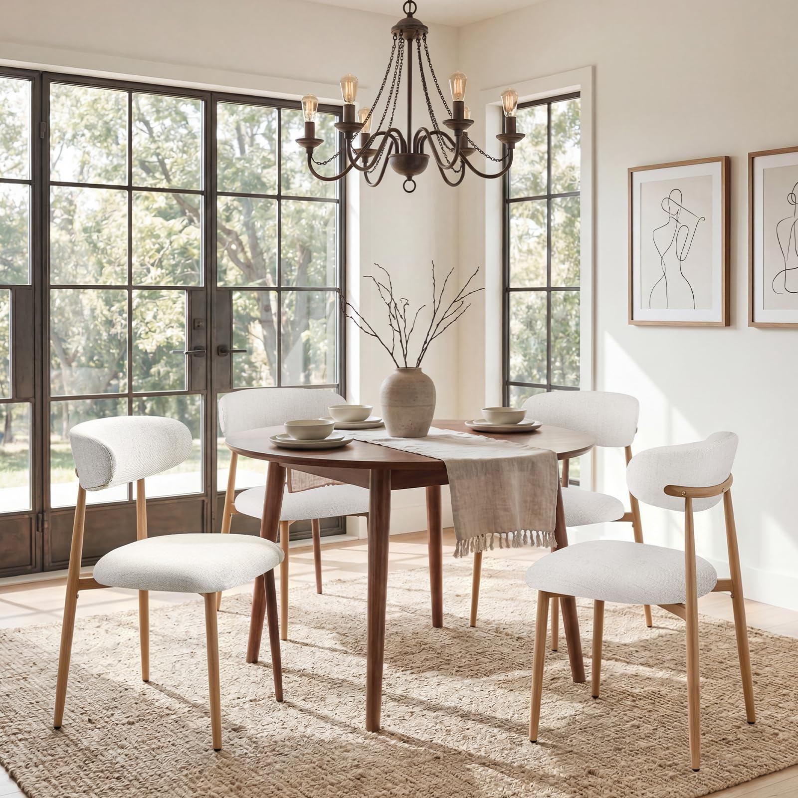 Set di 4 Sedie da Pranzo, Sedie da Cucina in Lino, Poltrone da Salotto con Gambe in Metallo, Sedia Imbottita Sala da Pranzo per Sala da Pranzo Cucina Soggiorno Camera da Letto, Beige