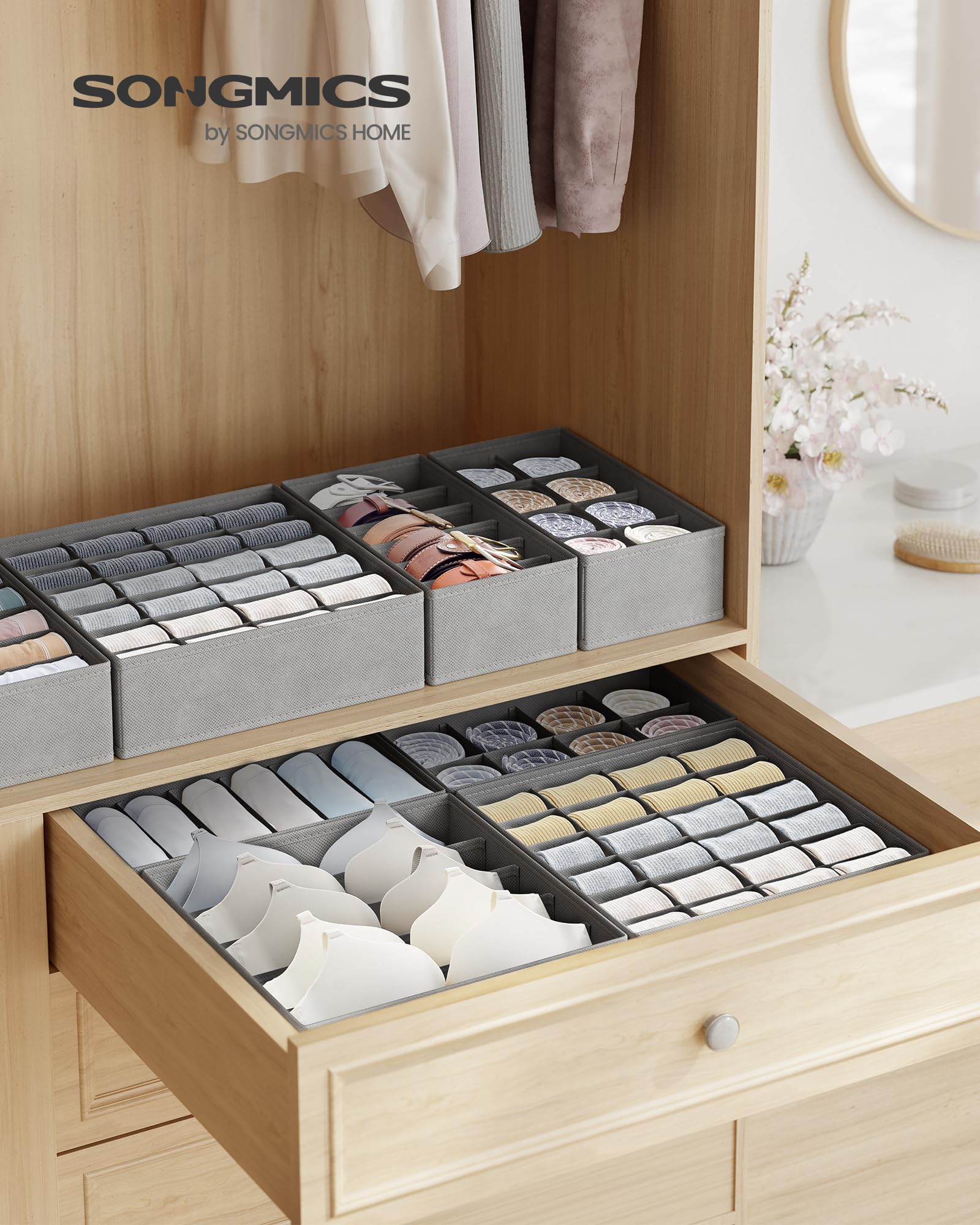 Anstore Set di 8 organizzatori per biancheria intima, divisori pieghevole in tessuto, con motivo a stelle, cubi per calzini, cravatte e sciarpe (grigio