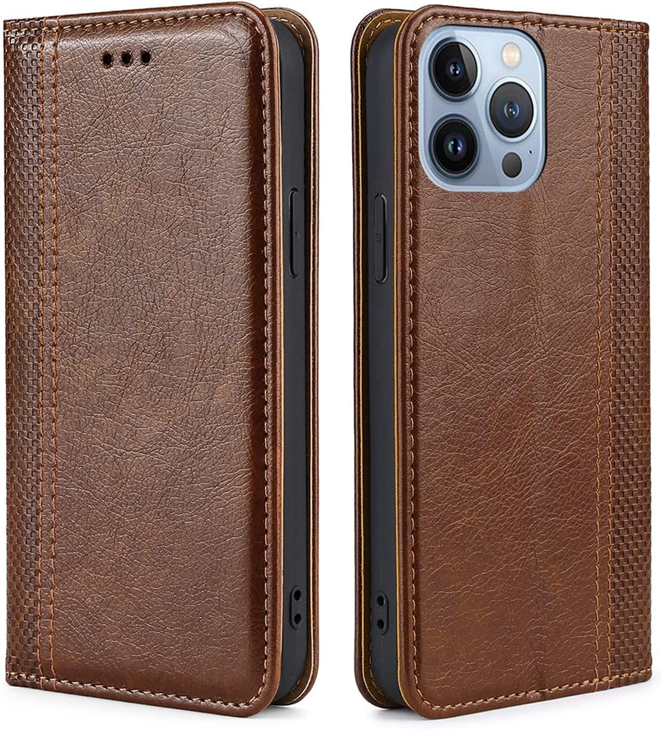 Flip Wallet Case for iPhone 14/14 Plus/14 Pro/14 Pro Max, Durable Leather Case with Card Holder Kickstand Magnetic Clasp Shockproof TPU Shell Folio Phone Cover (Color : Brown, Size : 14ProMax
