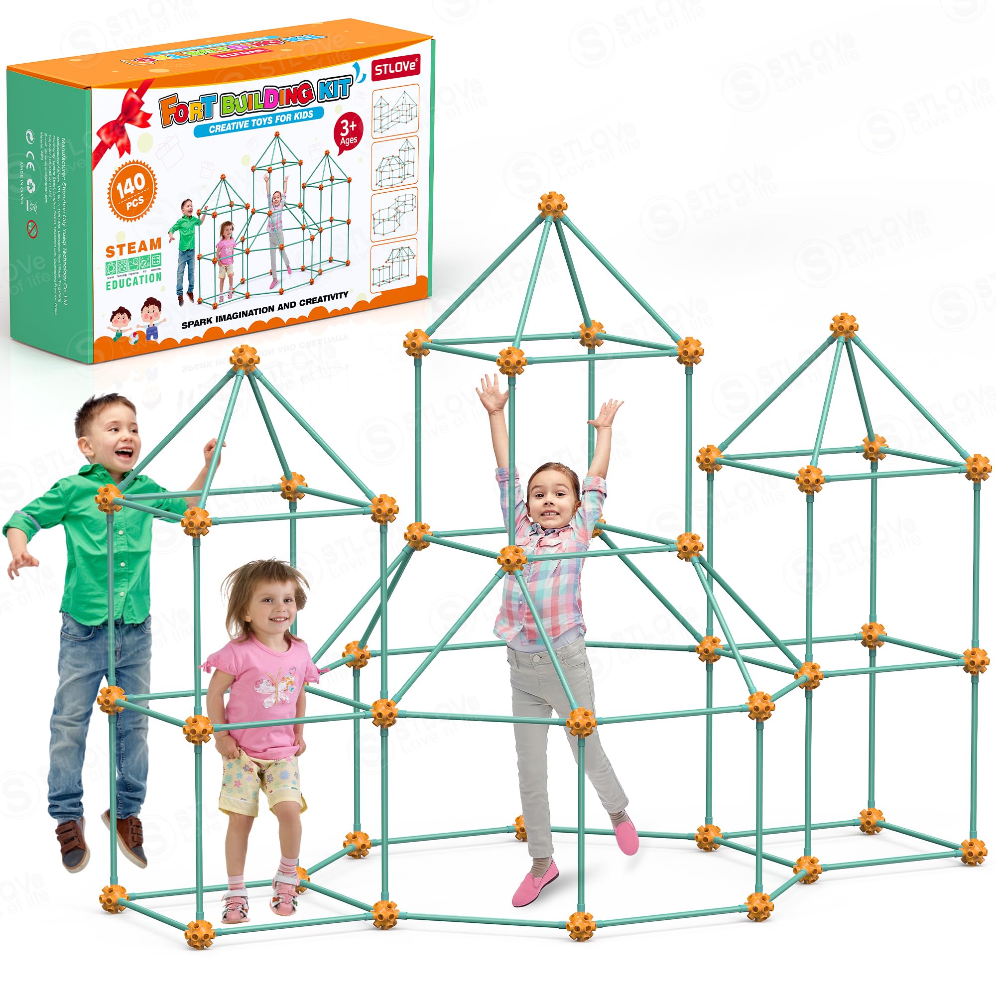 140 PCS Kids Fort Building Kits, STLOVe Educational Toys DIY Construction Castles, Den Building Kit Play Tent for Indoor& Outdoor, Play House Toy Building Sets for 5+Years Old-Green