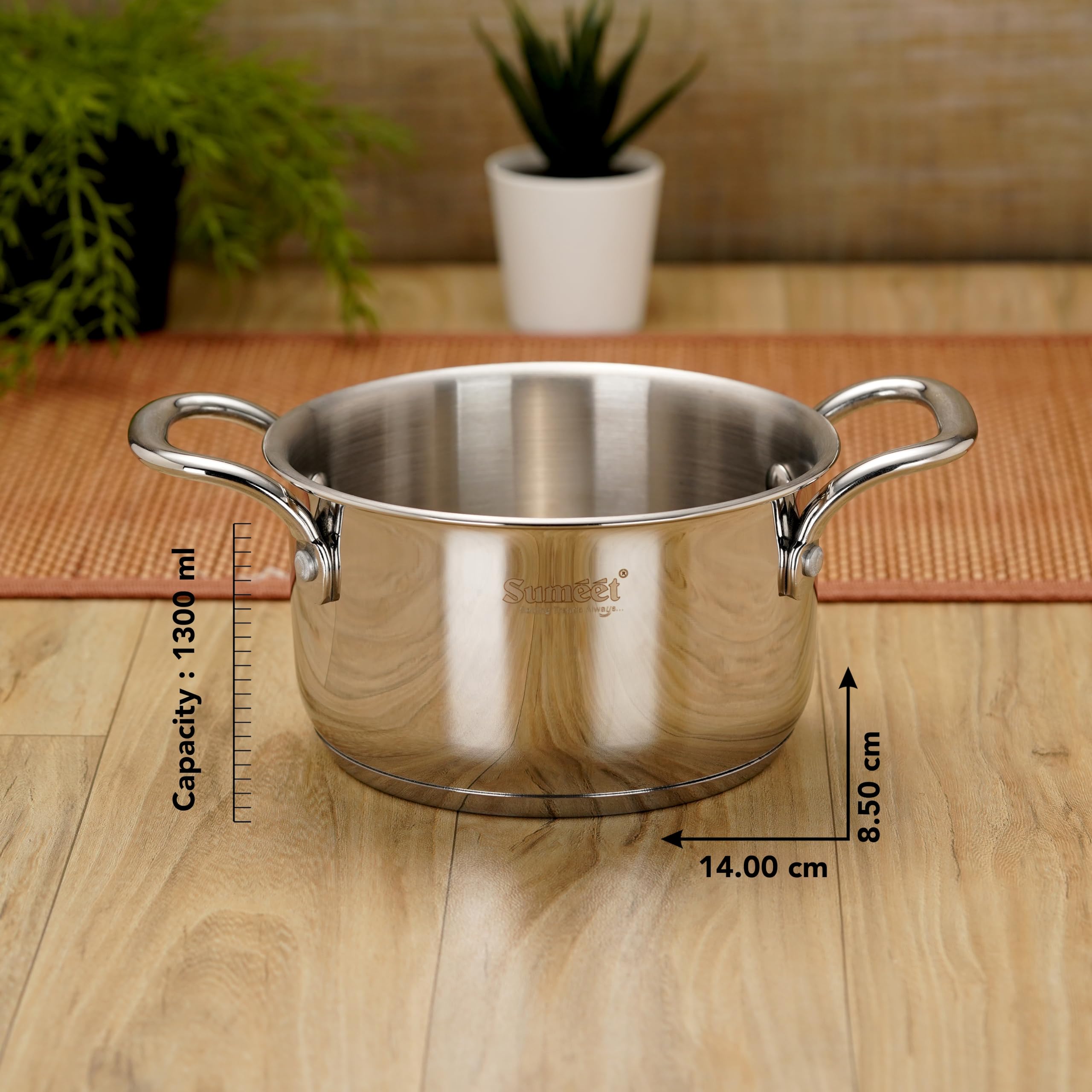 Sumeet Stainless Steel Induction Bottom (Encapsulated Bottom) Casserole 1.3 LTR, 14 Cm Dia, Silver, 1300Ml 2
