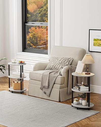 Miniatura 8 de Mesa auxiliar redonda pequeña, mesa decorativa ovalada de 3 niveles para espacios pequeños, mesa auxiliar de sofá de madera rústica y metal, mesita