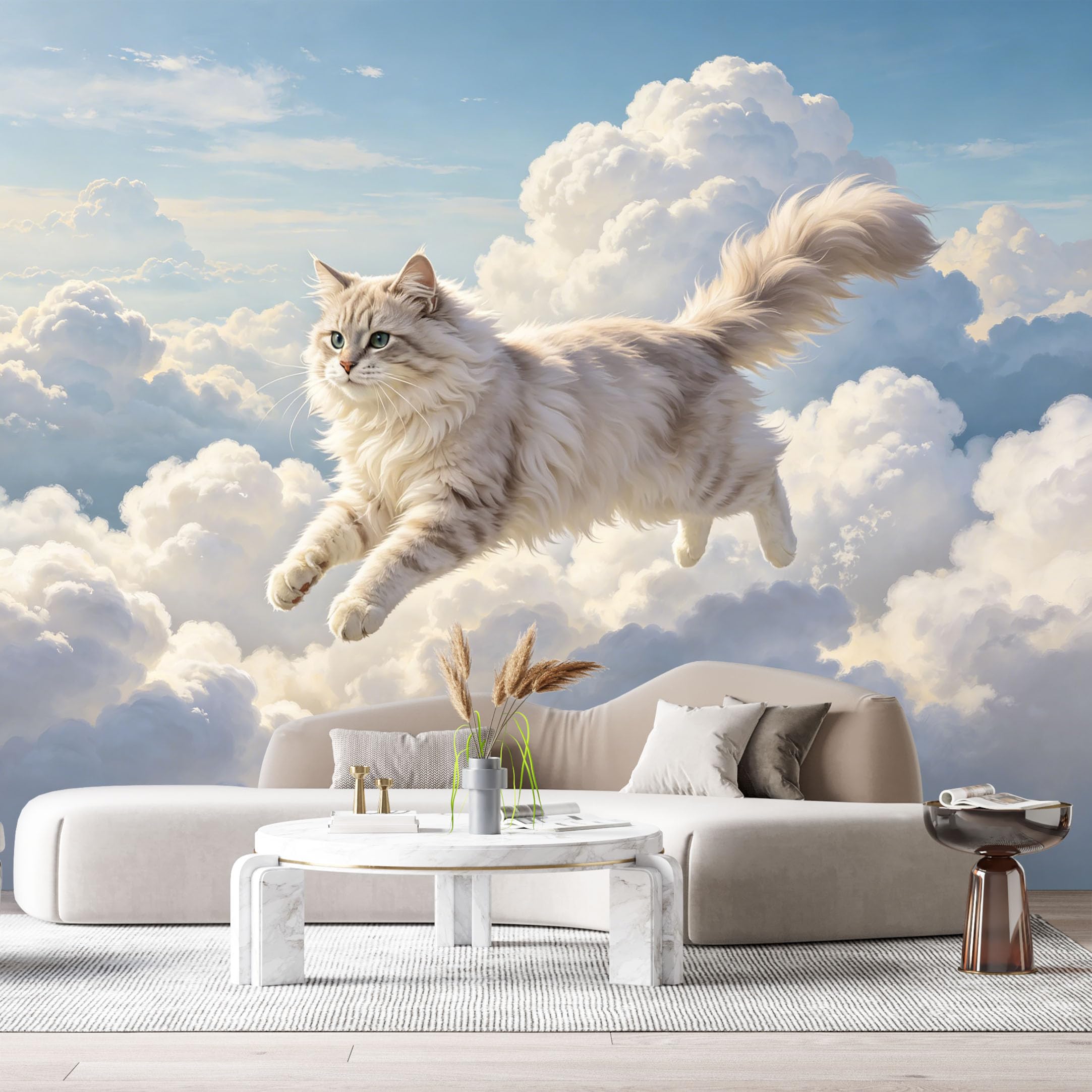 Custom Size Wall Murals Fluffy Cat in Clouds Watercolor Sky Dreamy Animal Scene SelfAdhesive Wall Fabric Removable Large Wallpaper for Photo Living Room