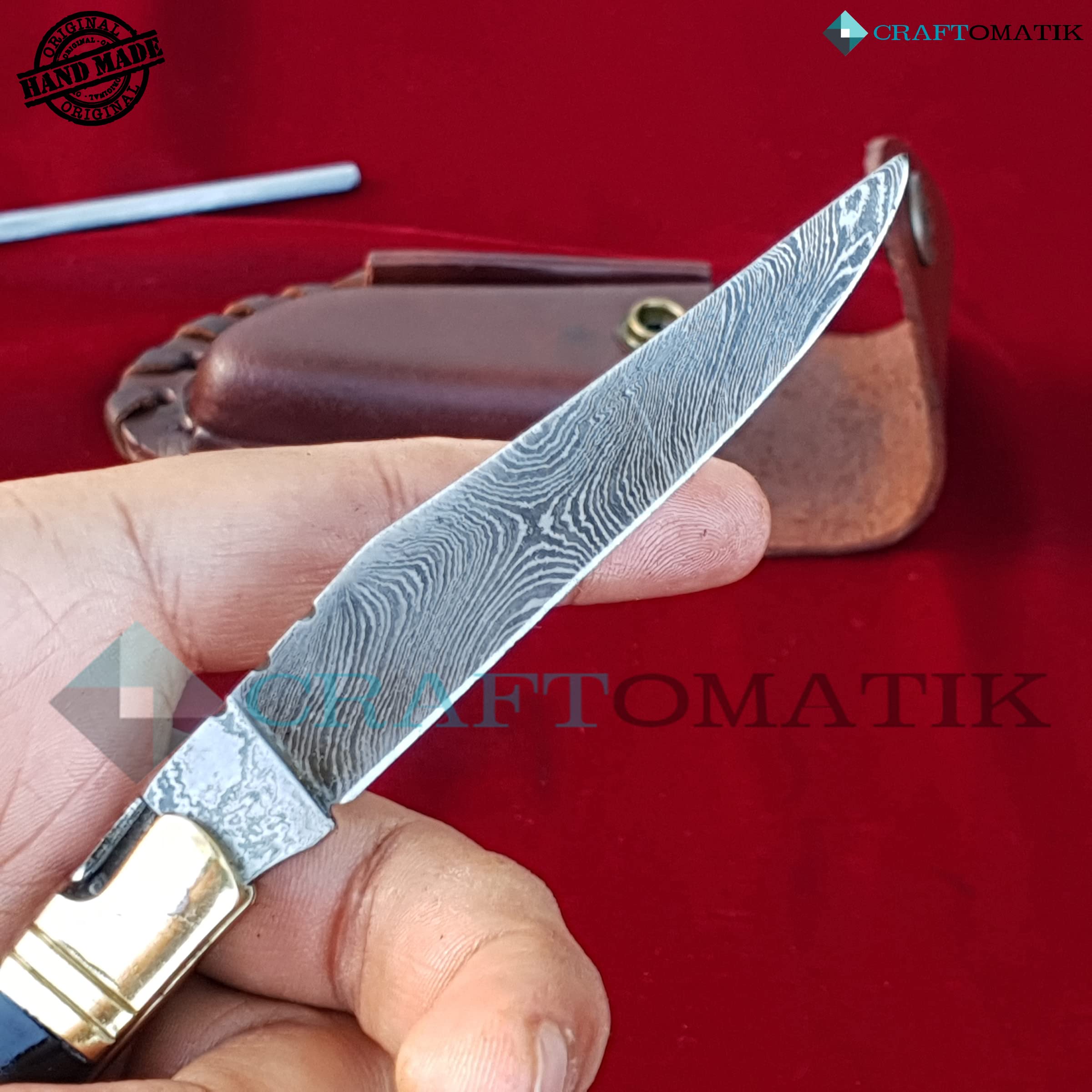 Damast Stahl Taschenmesser | Klappmesser Laguiole | Deutsche Flagge, Holz und Messing Griff mit Korkenzieher | Handgefertigt Outdoor Damastmesser Camping Messer | FK26