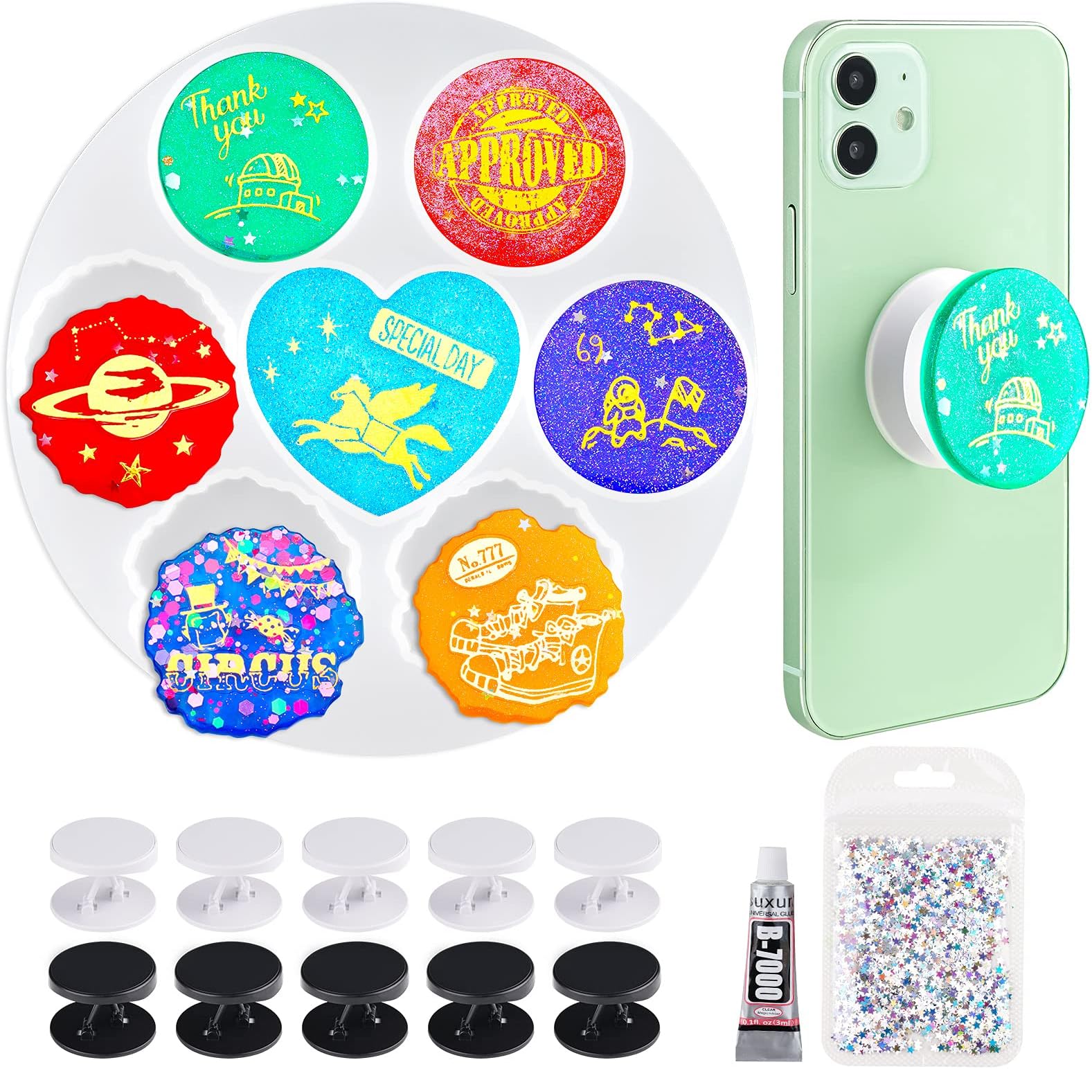 NiArt Phone Grip On Top Epoxy Resin Casting Kit - 7 Shapes Silicone Molds, 10 Expandable Stand Bases, Glue, Star Sequins - DIY Holder Socket Art Craft, Keychain, Jewelry, Pendant Making Supplies