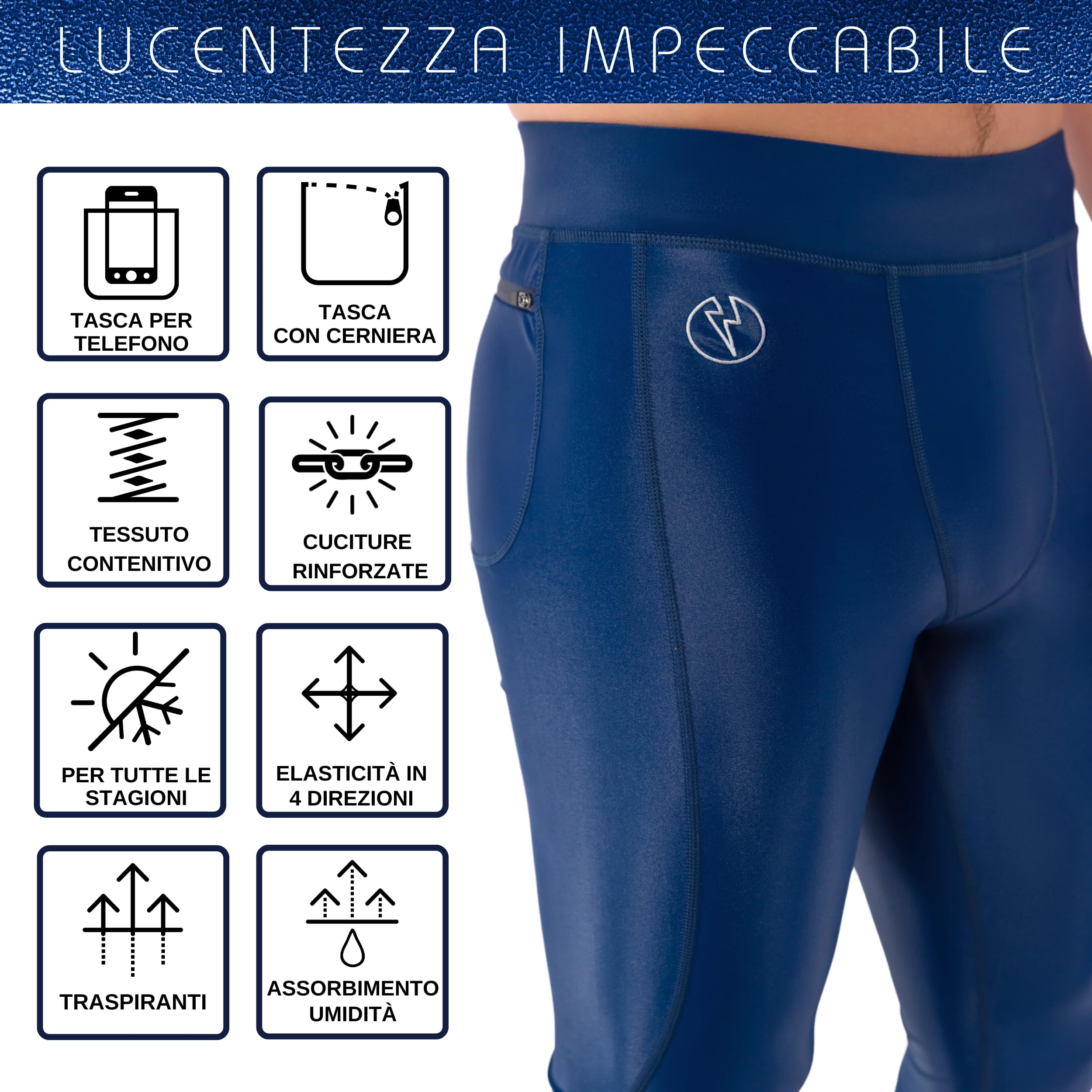 Kapow Meggings Gamma Performante Lucida Leggings da Compressione ad Alta Brillantezza con Tasche per Uomo, Strato Base Atletico per Allenamenti e Yoga