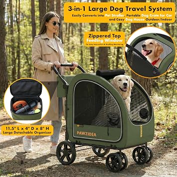 PAWZIDEA 3-in-1 Large Dog Stroller with Detachable Carrier, 45% Extra Tall