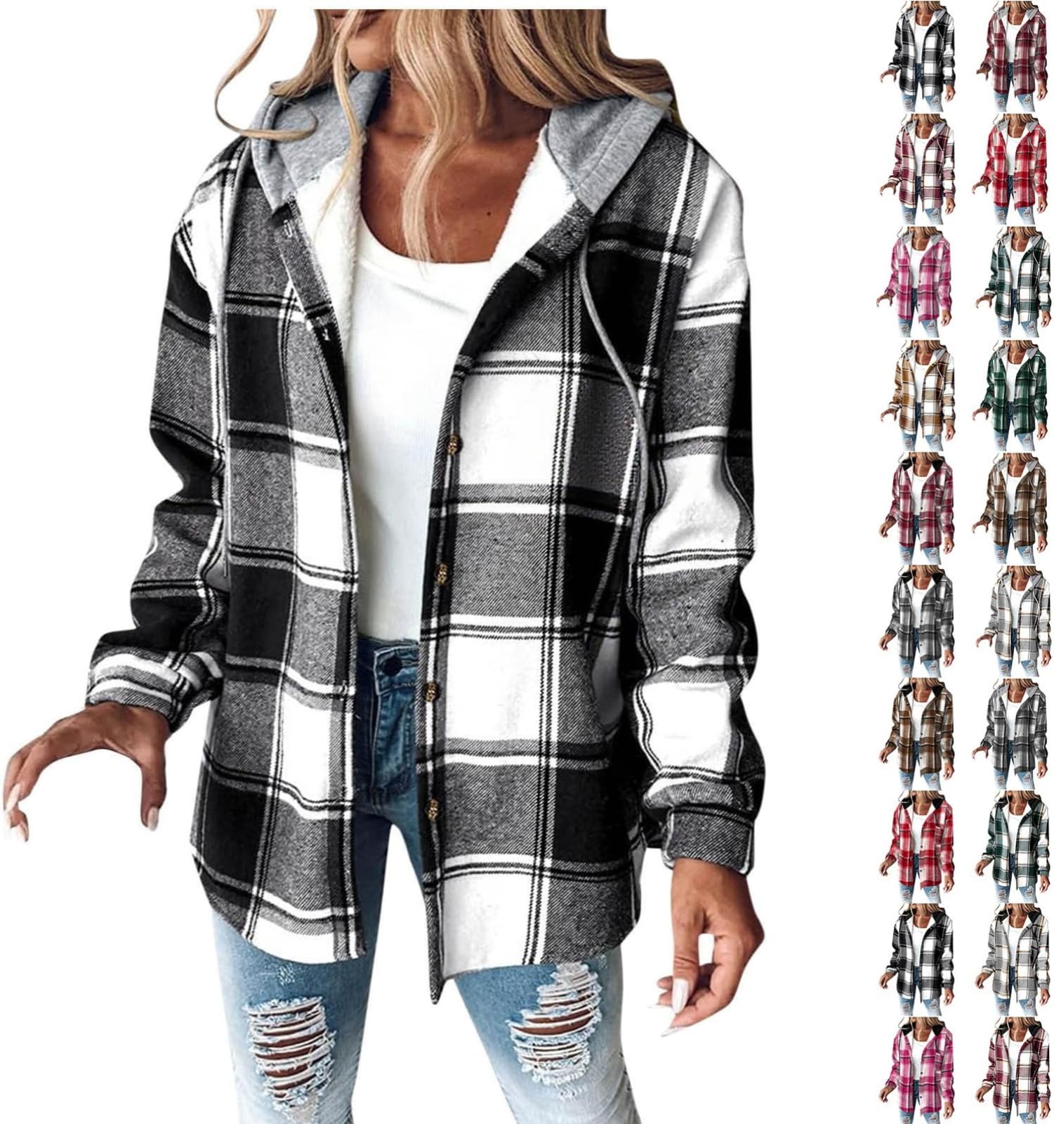Flannel Jacket For Women Fleece Lined Button Down Plaid Shacket Long Sleeve Hooded Jackets Fall Winter Coat