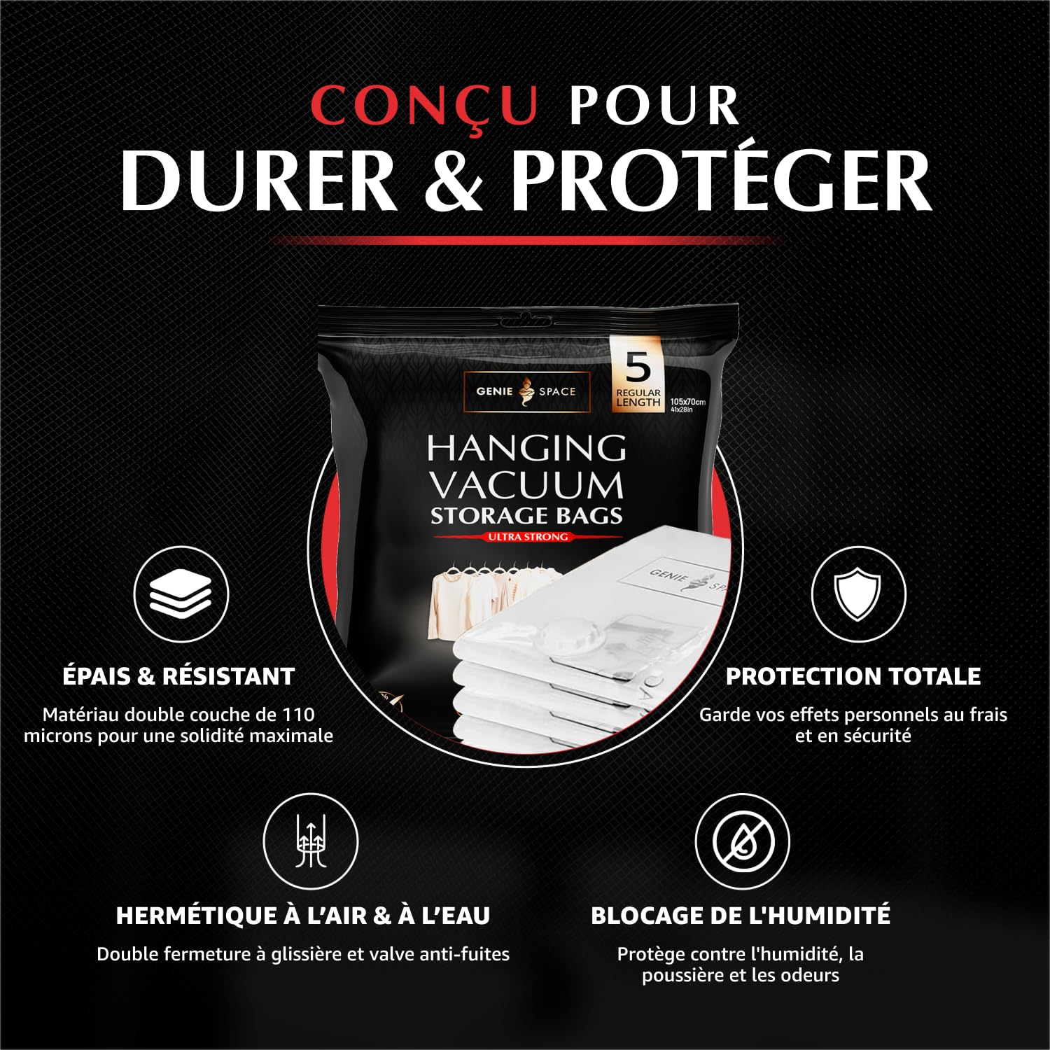 GENIE SPACE Sacs Sous Vide à Suspendre Premium pour Vêtements, Costumes et Robes, Taille Régulière 105×70 cm, Hermétiques, Réutilisables et Anti-Odeur, Gain de Place, Lot de 5 avec Pompe de Voyage