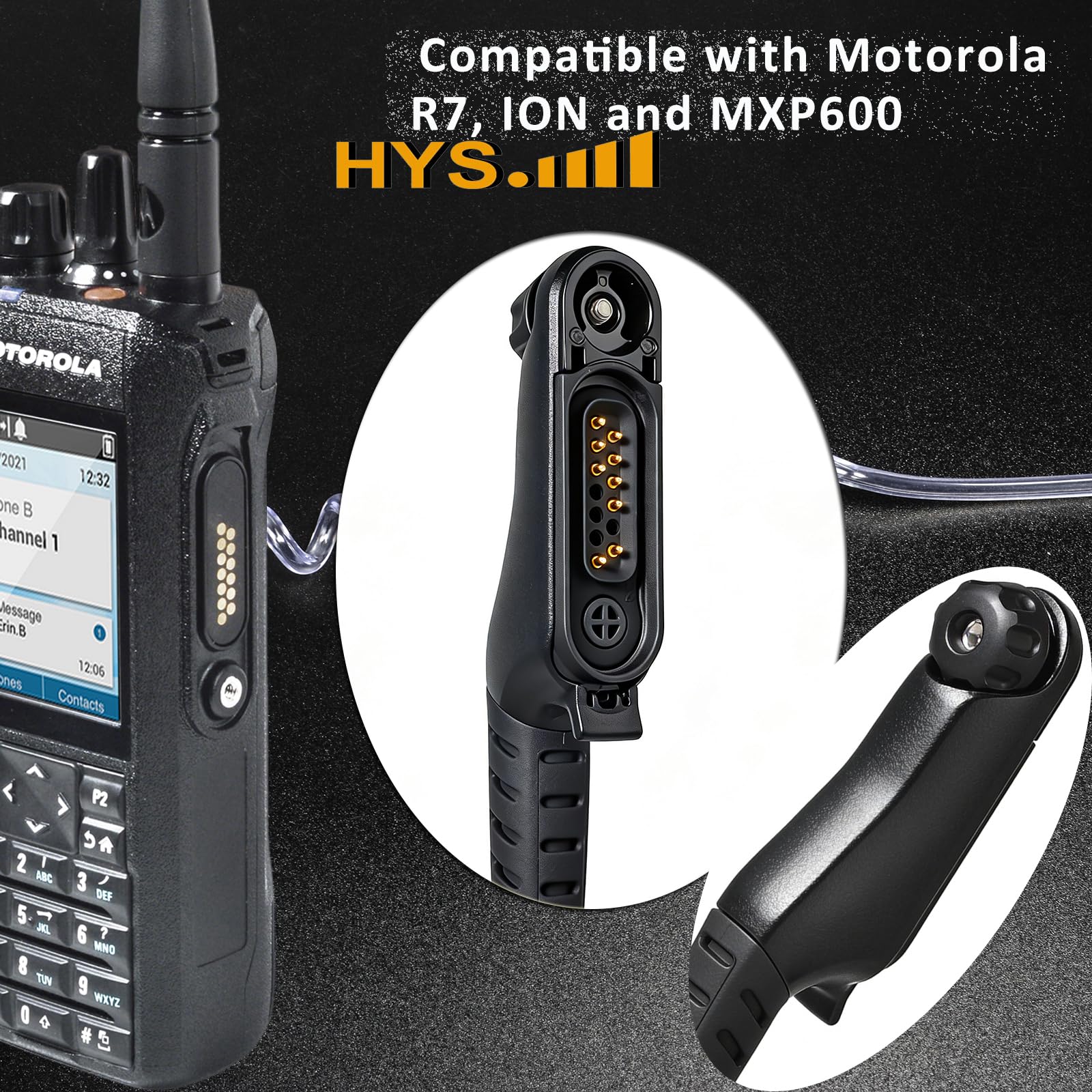 HYS Auricolari compatibili con Motorola R7, R7a, MXP600, APX, N30, N50, ION ecc. Tubo di commutazione trasparente, con microfono, cavo nero (KH07A0-R7+B05+M)