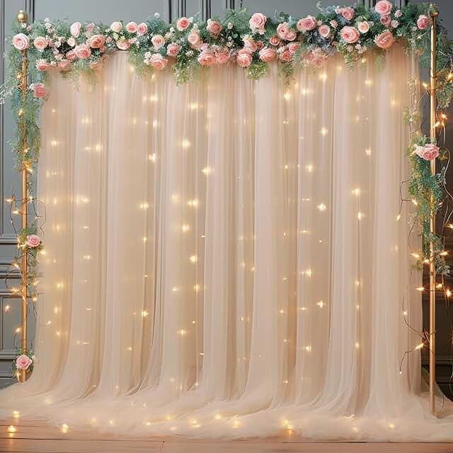 10x10ft Champagne Tulle Backdrop Curtain with Lights String for Parites,...