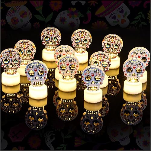 Jspupifip 12 velas de té de calavera de azúcar para decoración de mesa del Día de los Muertos, las velas LED de té del Día de los Muertos incluyen