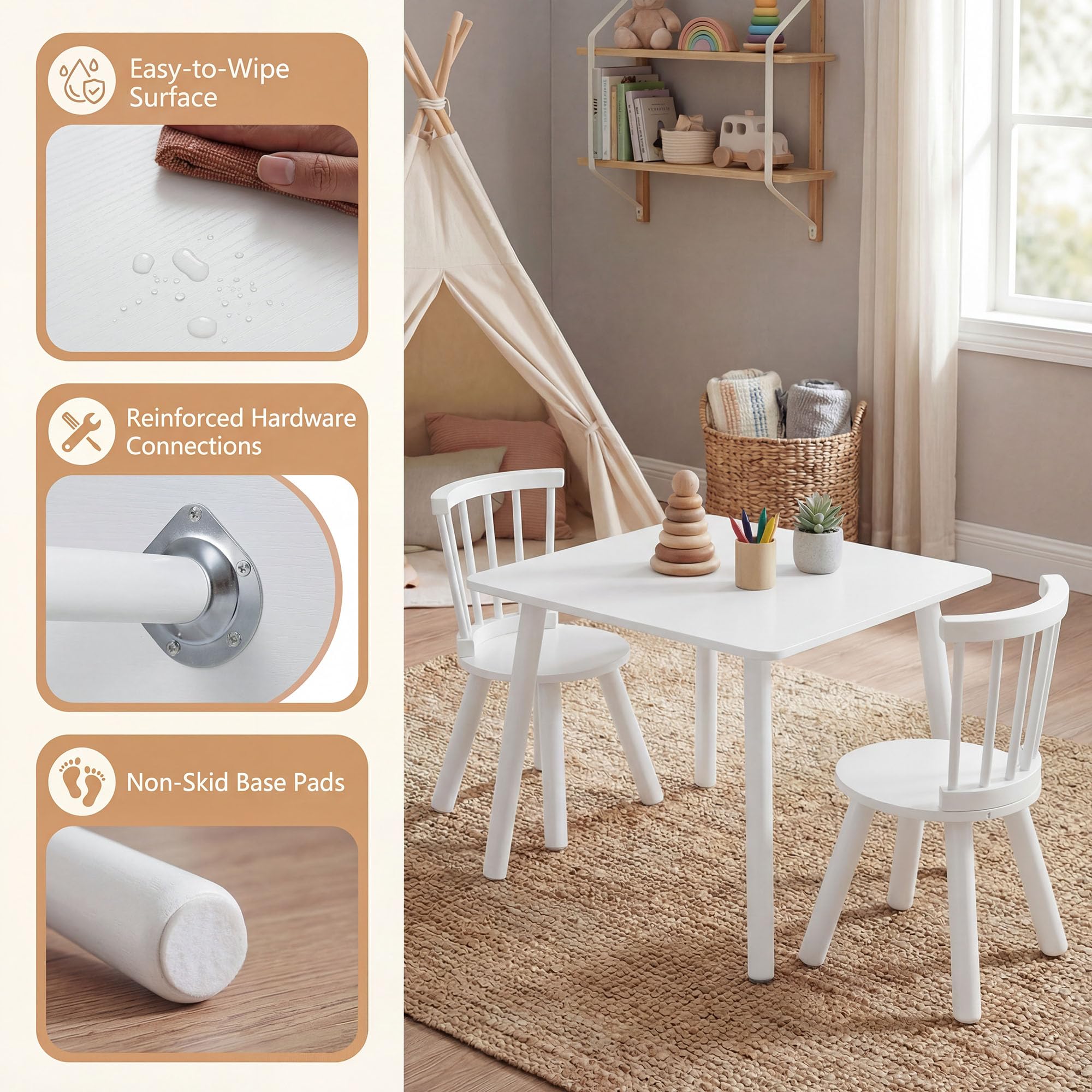 LIFEZEAL Kindertisch mit 2 Stühlen, 3-teilig Kindersitzgruppe für Jungen & Mädchen, Sitzgruppe Kinder Holz, Kinder-Tisch-Stuhl Set Kindermöbel Sitzgruppe für Kinderzimmer, Kindergärten (Weiß)