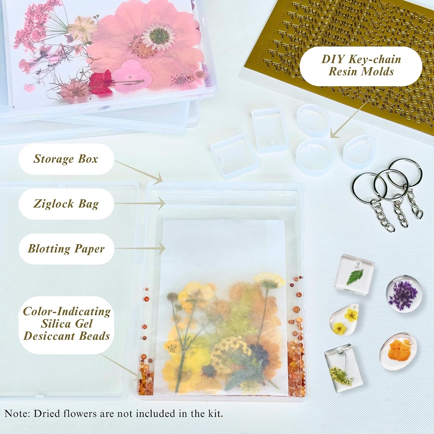 4PCS Dried Flower Storage Organizer Kit with DIY Keychain Resin Molds - Flower Preservation Kit with Blotting Paper, Ziplock Bag and Desiccant for Keep Seasonal Blooms & Wildflowers (7.2x5.2 inch) image 2