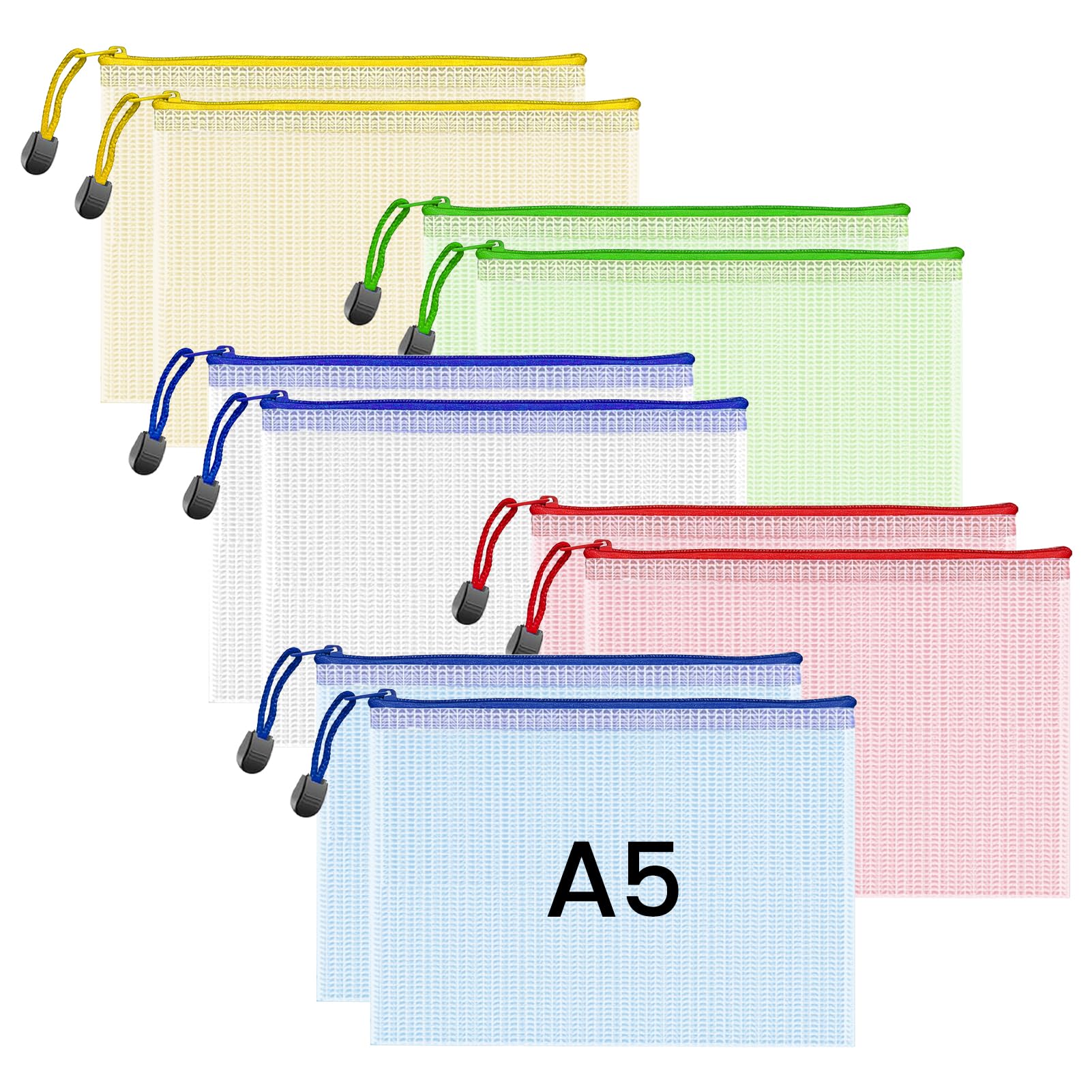 A5 10Pcs File Folder Plastic Wallets, Clear Zipper Document Bags, Waterproof A5 Zip Pouch Folders for School, Office, Homework & Travel Storage
