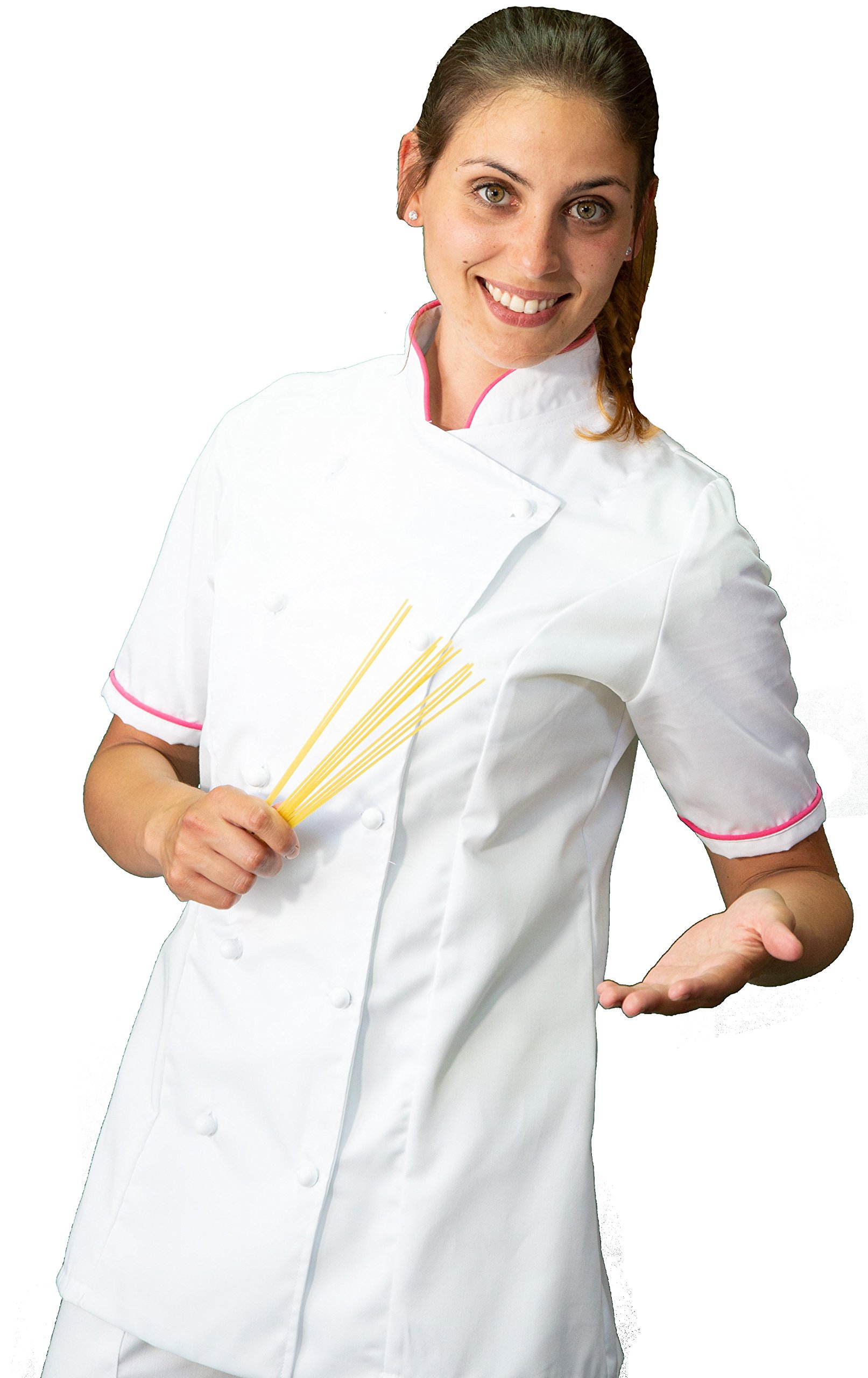 Ricamo Gratuito - Divisa Cuoco Donna - Bianca e Fuxia - 3PZ Giacca Manica Corta, Pantalone e Grembiule - Completo per Cucina e Ristorante - Made in Italy
