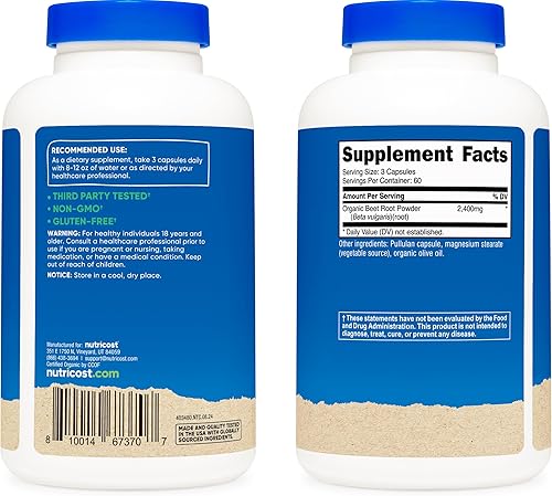 Miniatura 4 de Nutricost Raíz de remolacha 2400 mg, 180 cápsulas – Certificado CCOF fabricado con raíz de remolacha orgánica, superalimento, 60 porciones