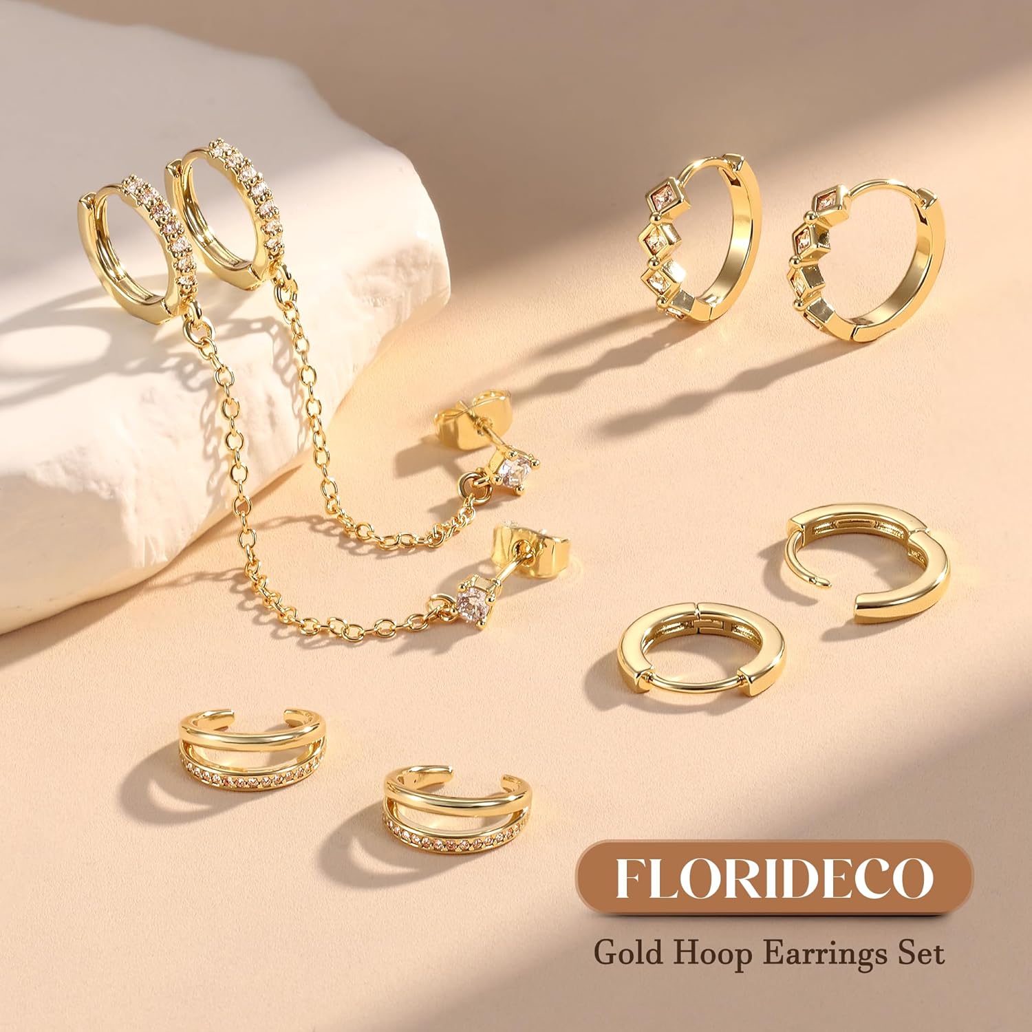 Florideco 4 Pairs Small Hoop Earrings for Women Trendy 14K Gold Plated Chain Drop Earrings Set Hypoallergenic CZ Huggie Hoops Lightweight Cartilage Earring Stacks Women's Jewelry Gifts - Image 4