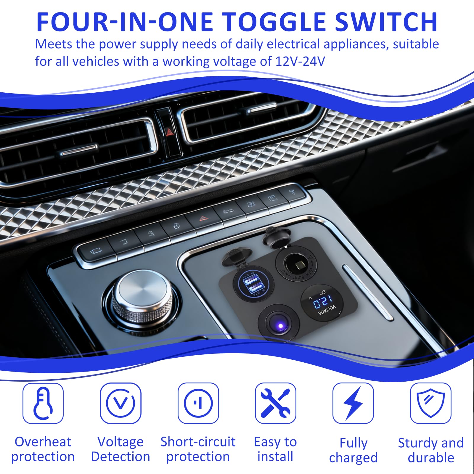 4 in 1 Pannello Caricabatteria da Auto USB 12V per Barca e Camper, Presa Marine Interruttore Pannello con Accendisigari da 240 W, Doppie Porte USB, Voltmetro a Led Blu E Interruttore a Bilanciere