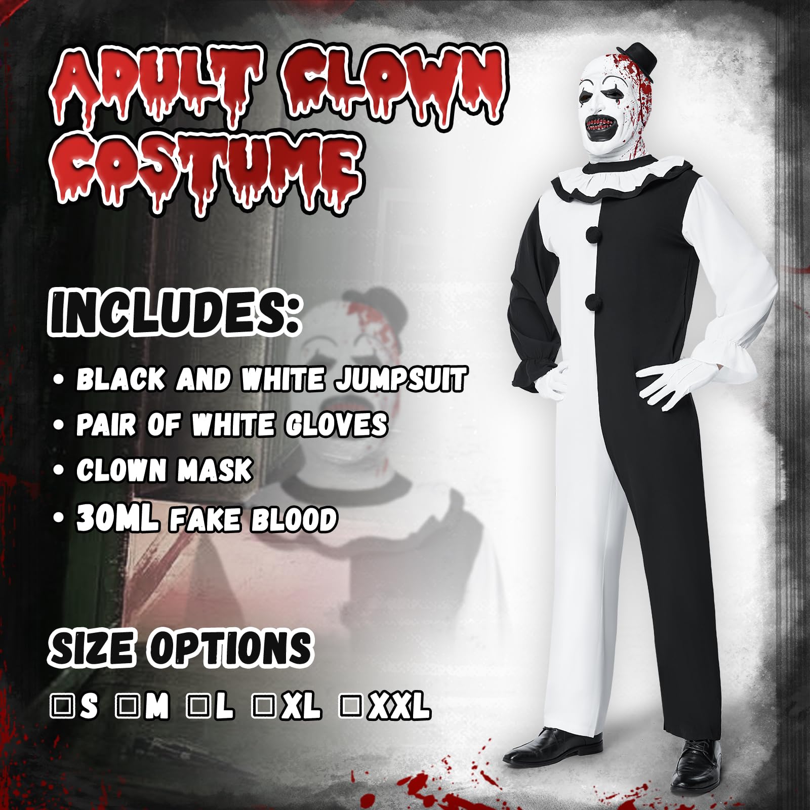 Kostium męski z horroru, terrifier na Halloween, kostium typu clown, zestaw z czarno-białym kombinezonem i maską z horroru terryfizera, na Halloween, karnawał