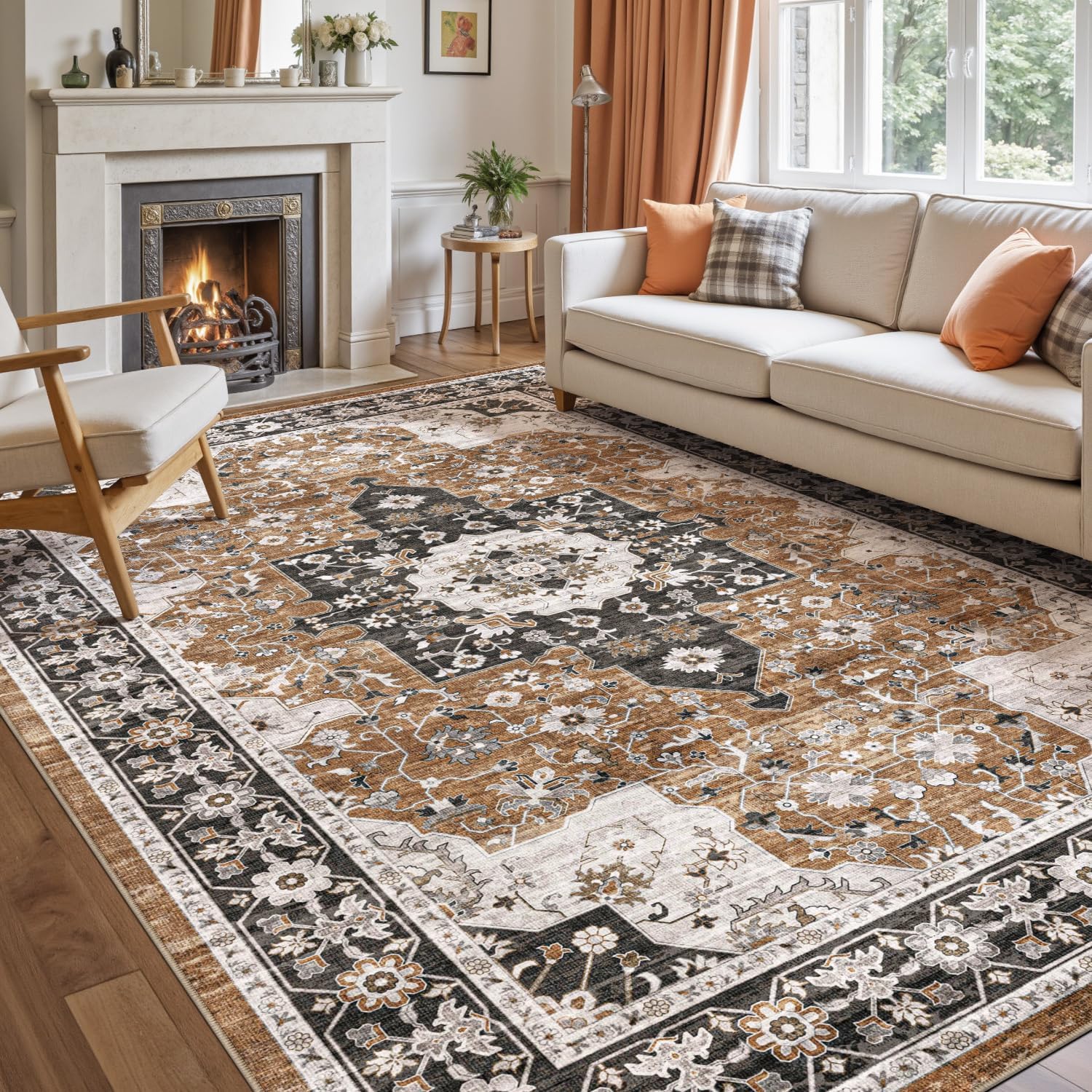 DEXI Area Rug Washable, 8x12 Non Slip Living Room Rugs Low Pile, Soft Floral Accent Carpet for Rustic Vintage Farmhouse Bedroom Hallway Dining Hardwood Floors, Brown