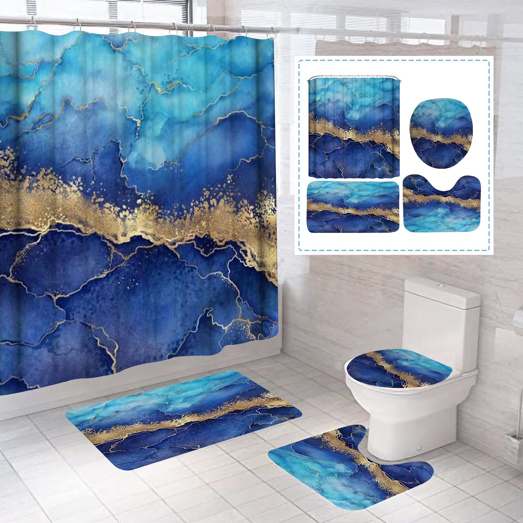 4Pcs Blue Marble Shower Curtain Sets, Bathroom Sets with Shower Curtain and Rugs and Accessories, Rug Toilet Lid Cover and Non-Slip U Shape Mat, Waterproof Shower Curtain with 12 Hooks, 72" x 72"