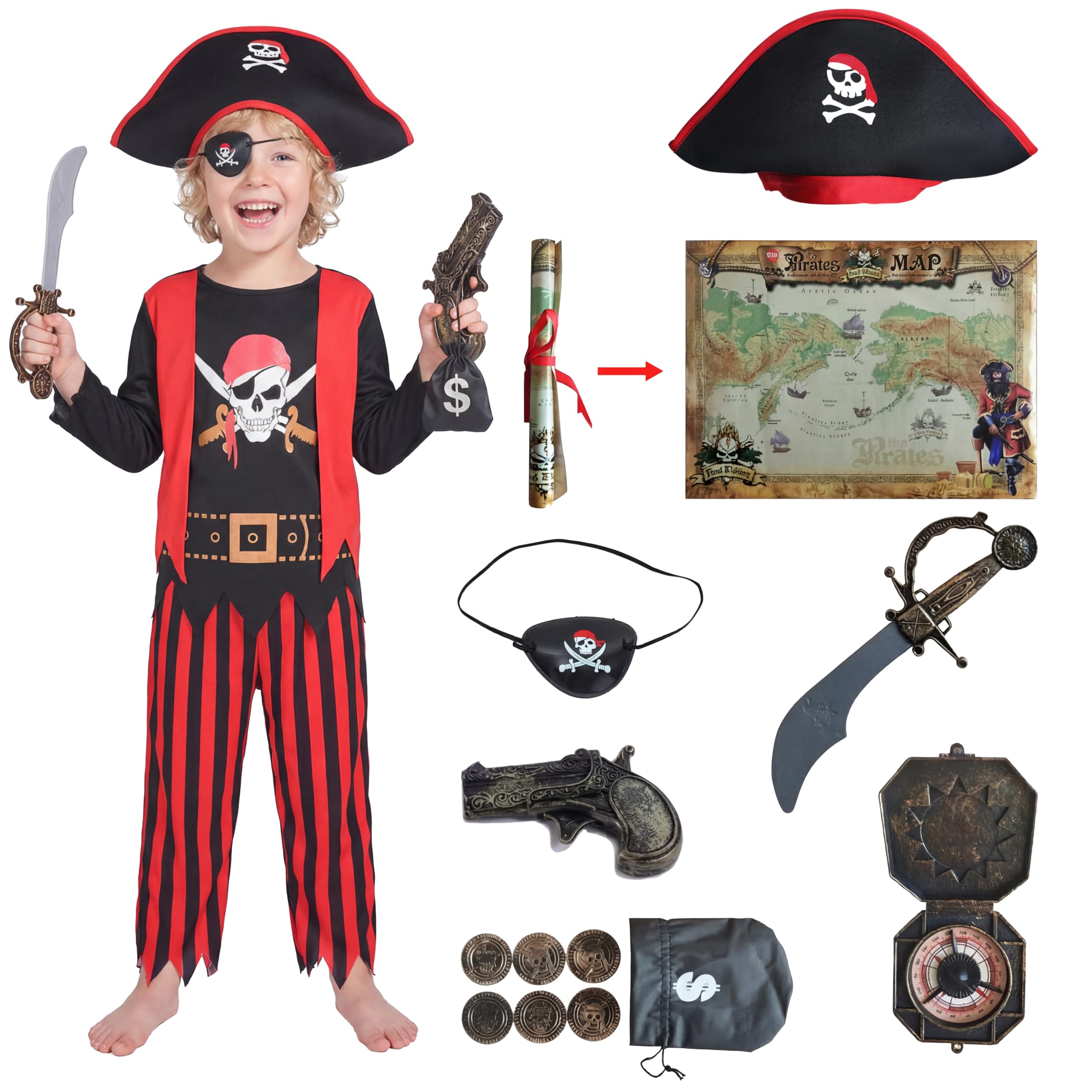 Rabtero Pirate Costume Kids, Pirate Costume Boys, Caribbean Jack Sparrow Captain Hook Buccaneer Outfit for Boys 3-8 Years