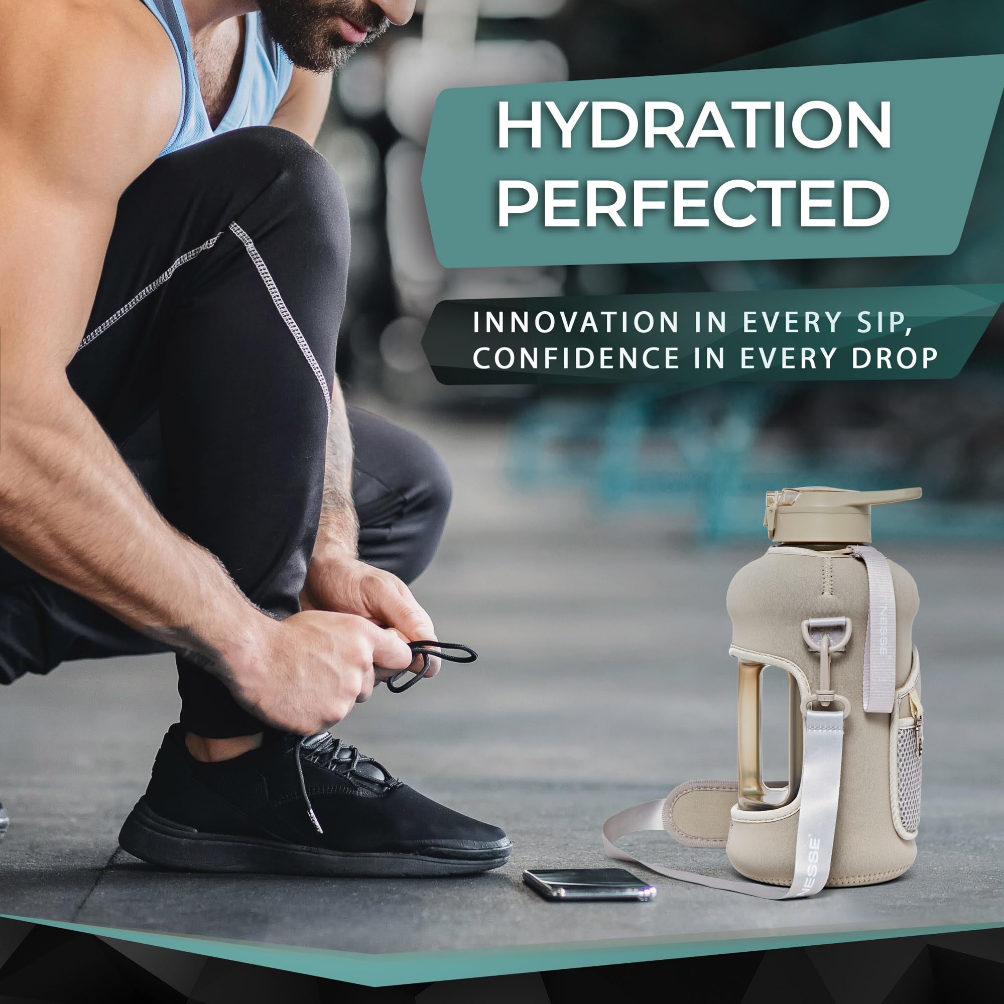 Fitnesse 2.2L Water Bottle with Straw and Covered Lid, Phone & Key Storage, Drop proof, Leak Proof, Shoulder Strap and Handle - Image 3