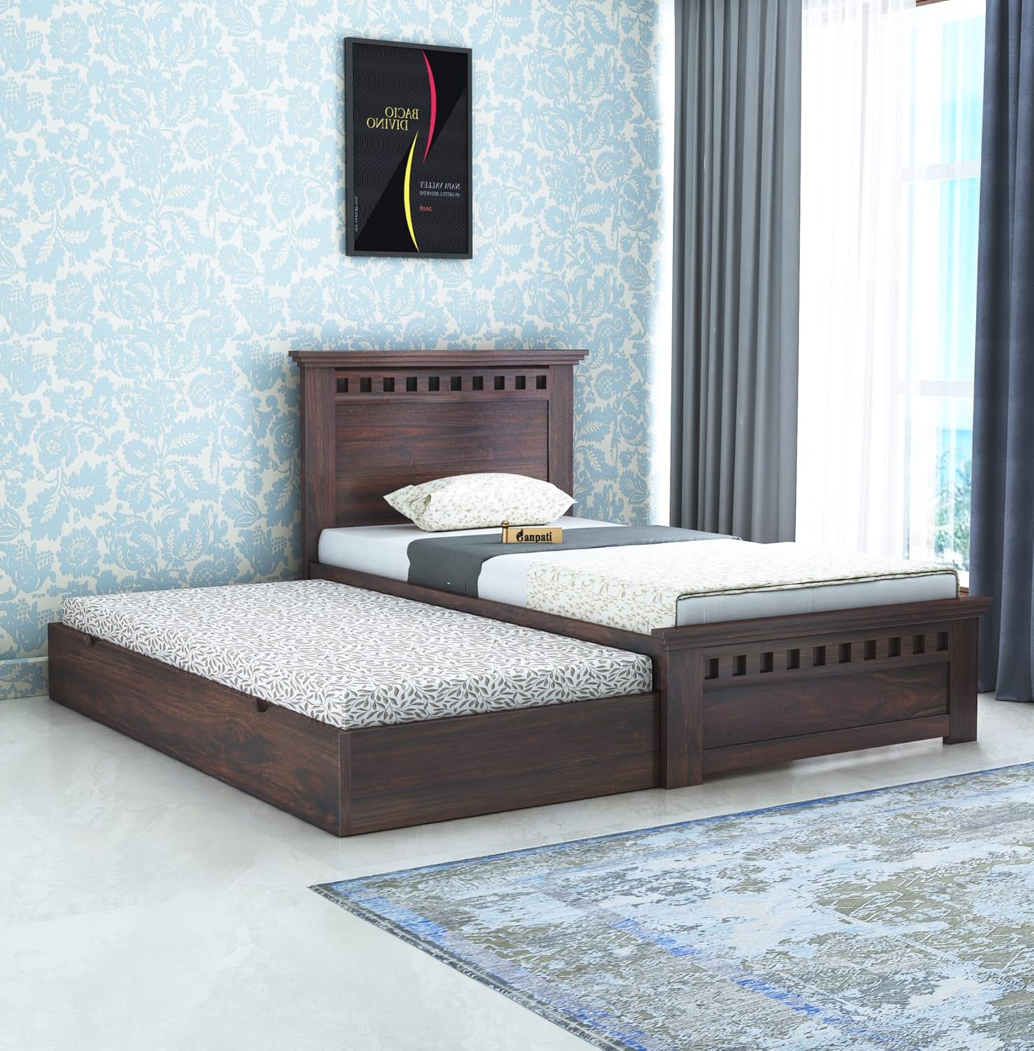 GANPATI ARTS Sheesham Wood Armania Single Size Trundle Bed with 1 Extra Pullout Bed Bedroom