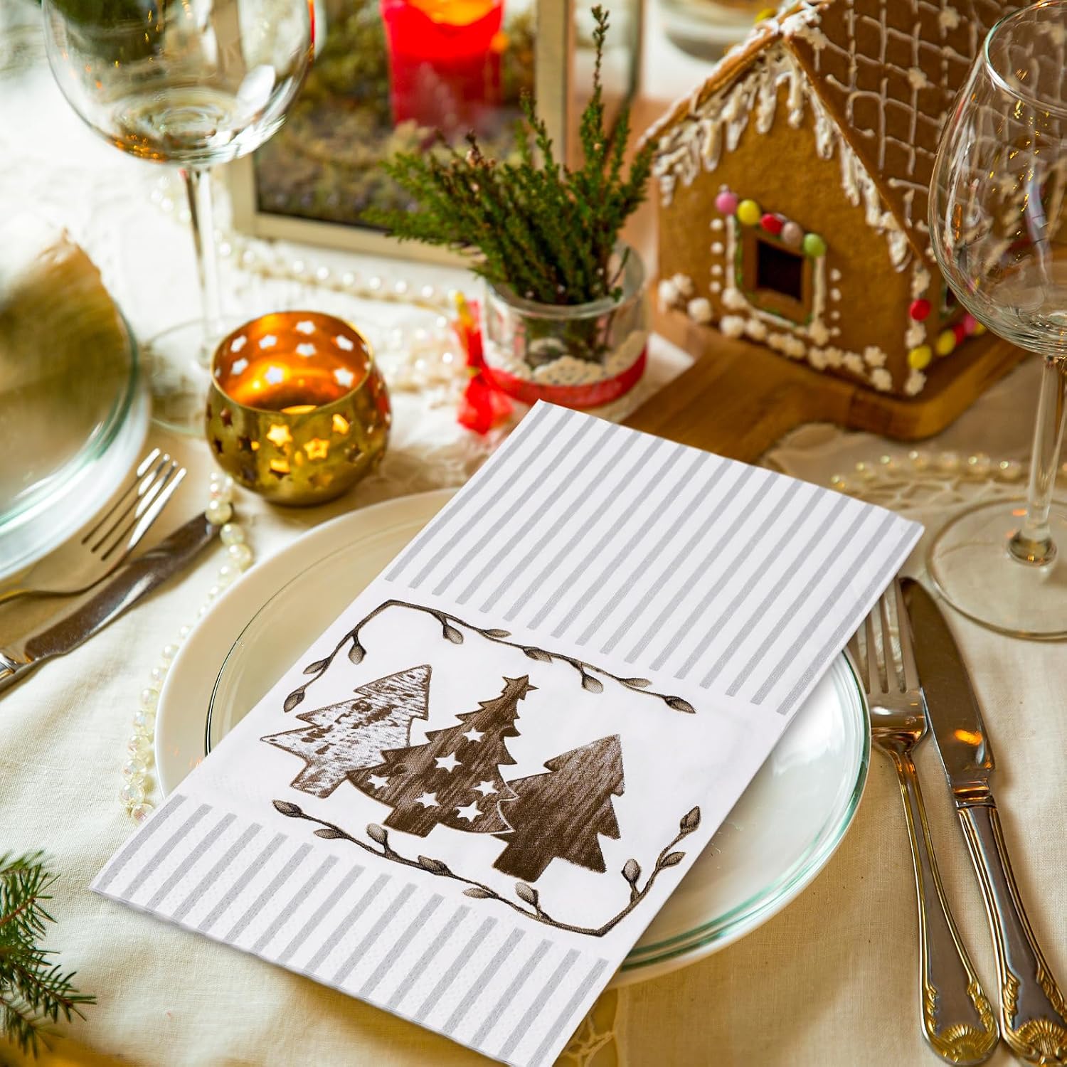 80 Pack Merry Christmas Guest Napkins Brown Grey Striped Christmas Tree Disposable Paper Napkin Xmas Holiday Party Dinner Decor Hand Napkin Towel for Home Kitchen Bathroom, 13 x 15.7 Inch image 3