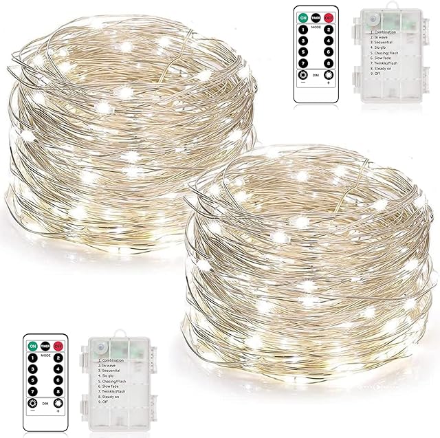 Fairy String Lights, 2Pack 39FT/12M 120 LED Fairy Lights Battery Operated Silver Wire Lights with Remote Control, 8 Mode Waterproof Lights for Home Garden Bedroom Camping Wedding Party(Cool White)