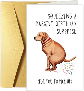 Funny Dog Poop Birthday Card, Humor Birthday Card for Dog Owner, Squeezing A Massive Bday Surprise