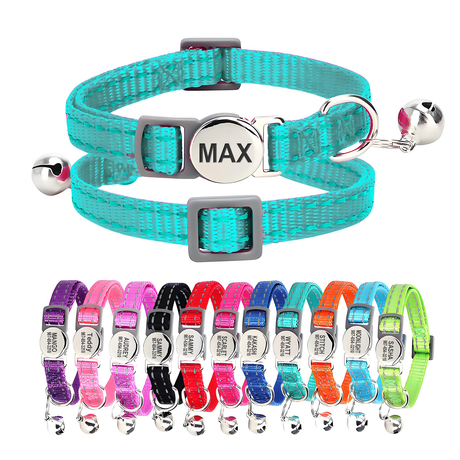 Personalized Engraved Cat Collar|Breakaway Safety Round Buckle|Reflective Adjustable Collar with ID Name Tag & Bell for Kittens & Puppies Cats (7.5'' - 12''),Teal