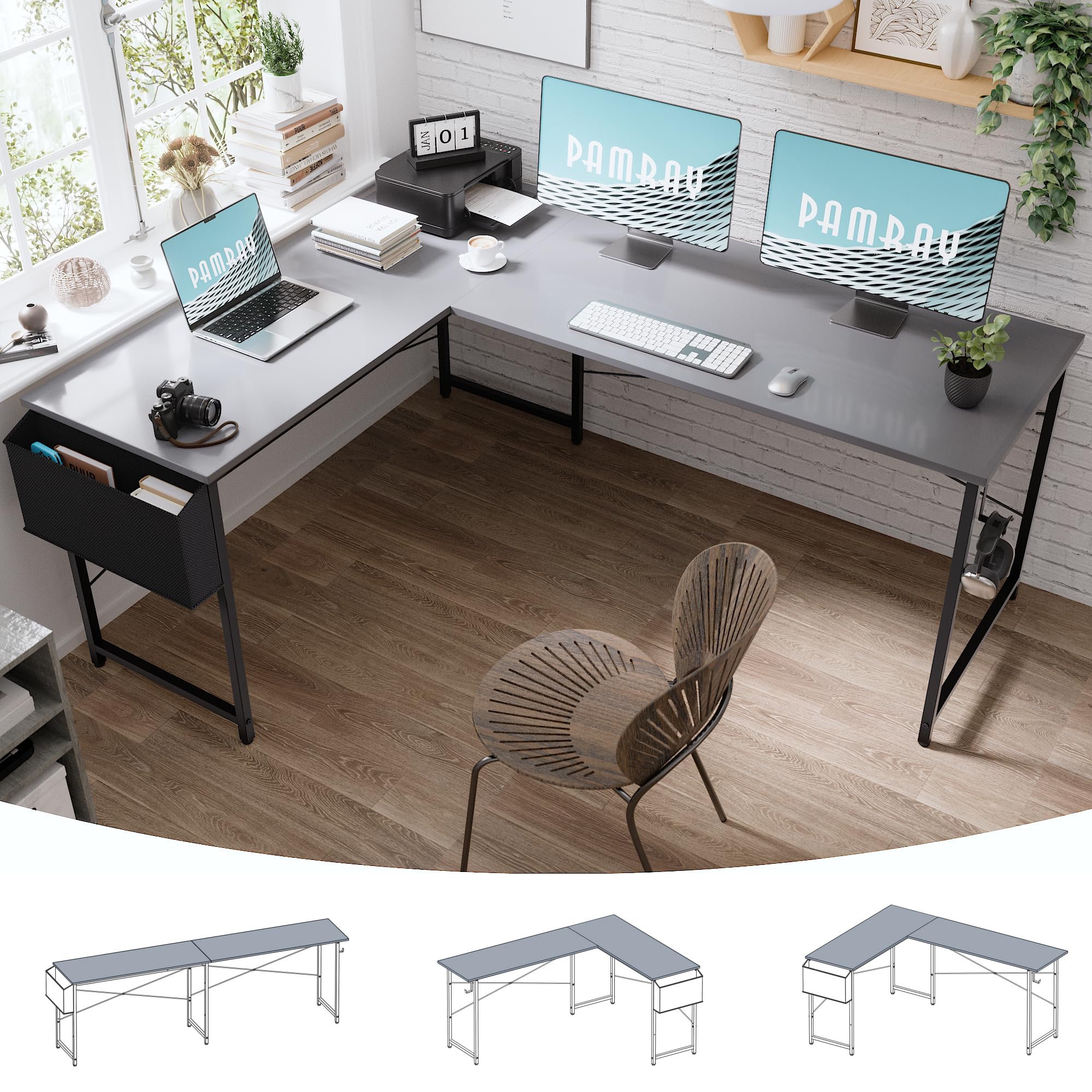 Pamray 64.5 Inch Reversible L Shaped Gaming Desk Large Corner Computer Desk with Storage Bag Home Office Table for Writing Study Grey