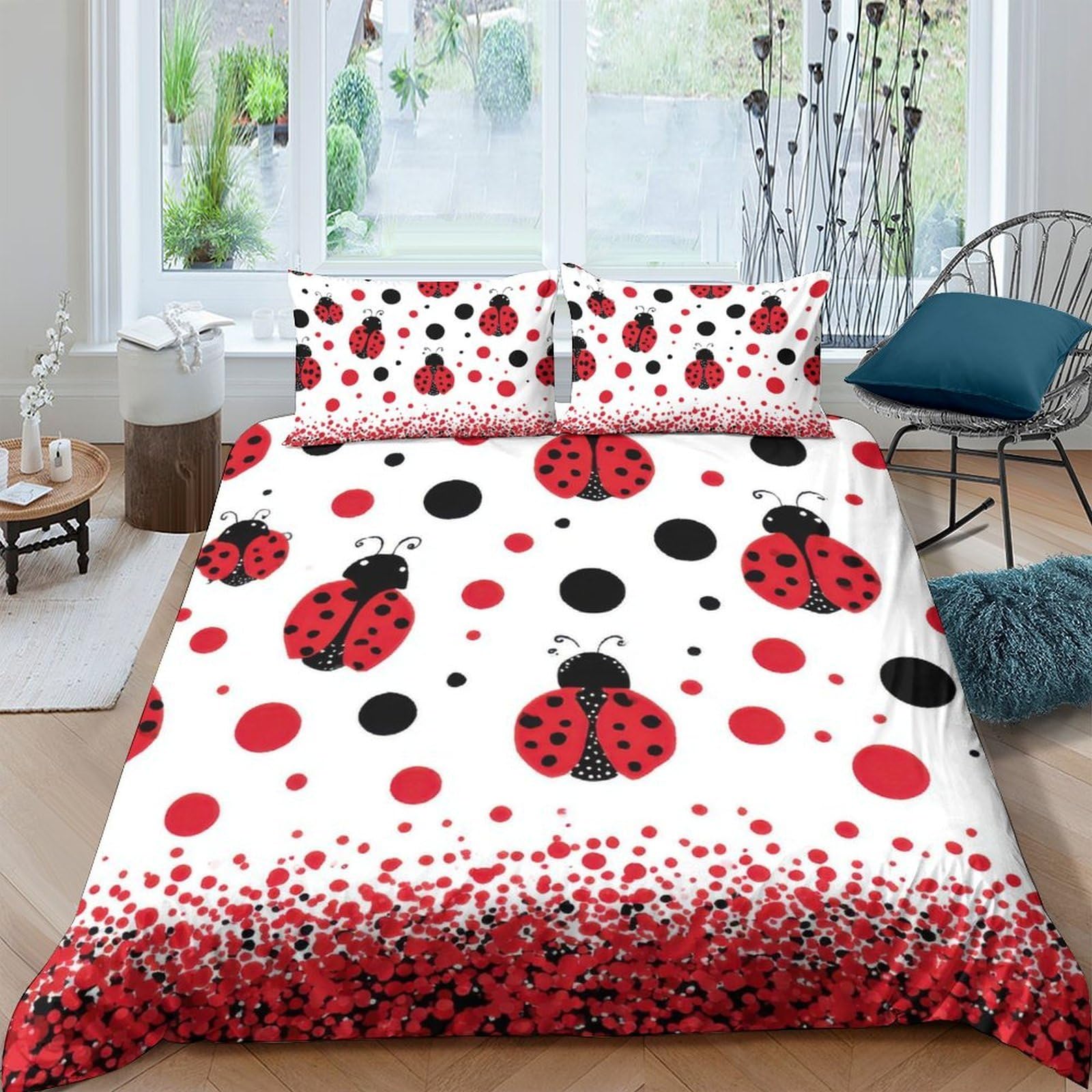 GPLZQXKJNH 3D Printed Ladybug Polka Dot Duvet Cover Set Microfiber Soft Breathable with 2 Pillowcases for Bedroom Home Single（135x200cm）