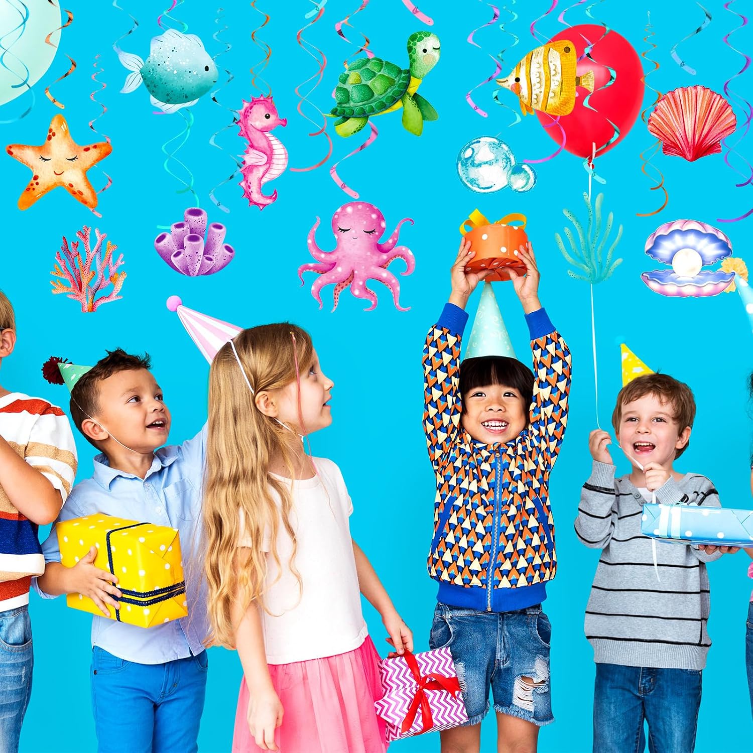 Colarr 54 Pcs Under the Sea Swirls Decorations Tropical Fish Animals Hanging Banner Ocean Garlands Turtle Ceiling Streamers for Summer Birthday Wedding Baby Shower Supplies Party Decor