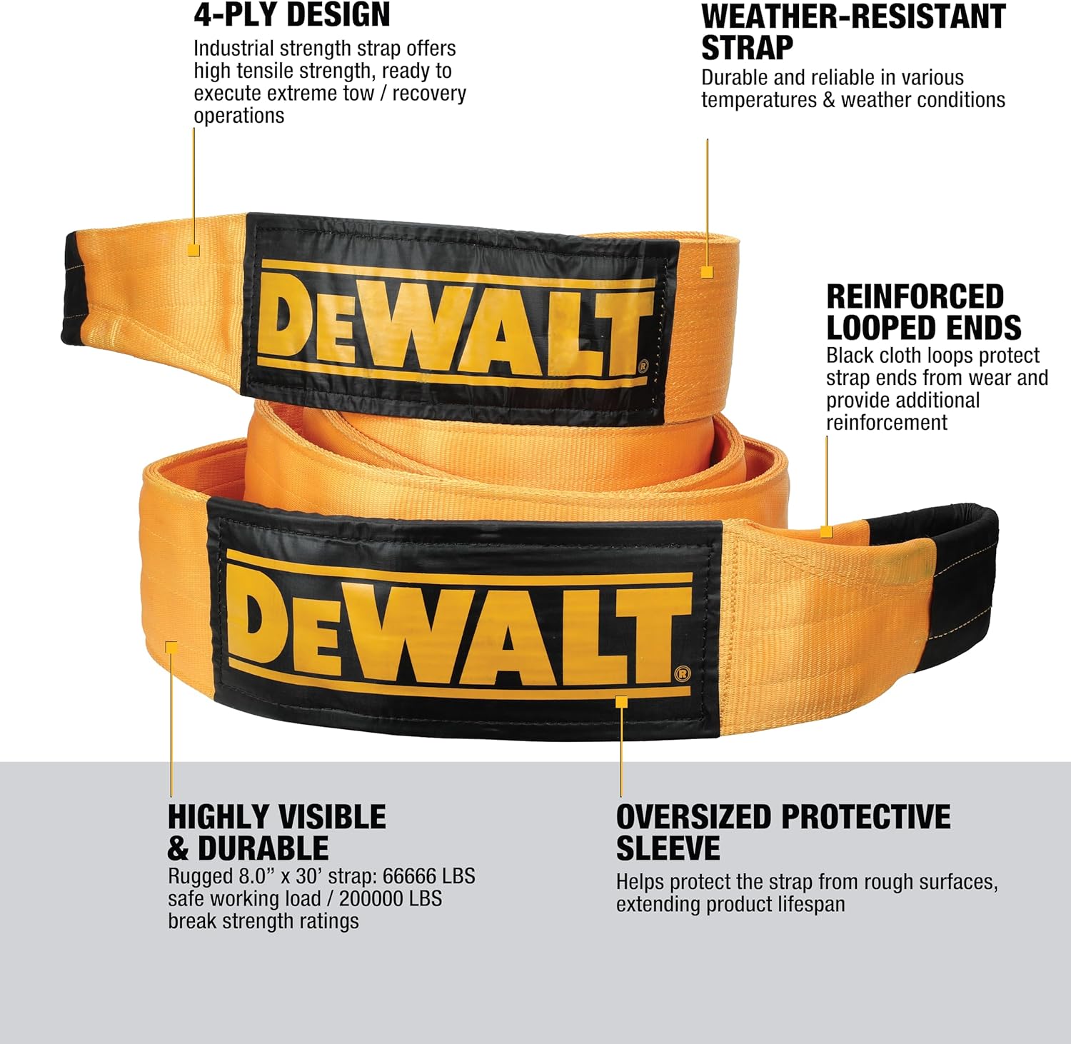 DEWALT DXBC200000 Black/Yellow 8” x 30’ Tow and Recovery Strap with Looped Ends - 2-Ply / 66,666 LBS Safe Working Load / 200,000 LBS Break Strength 8” x 30’ 4-Ply