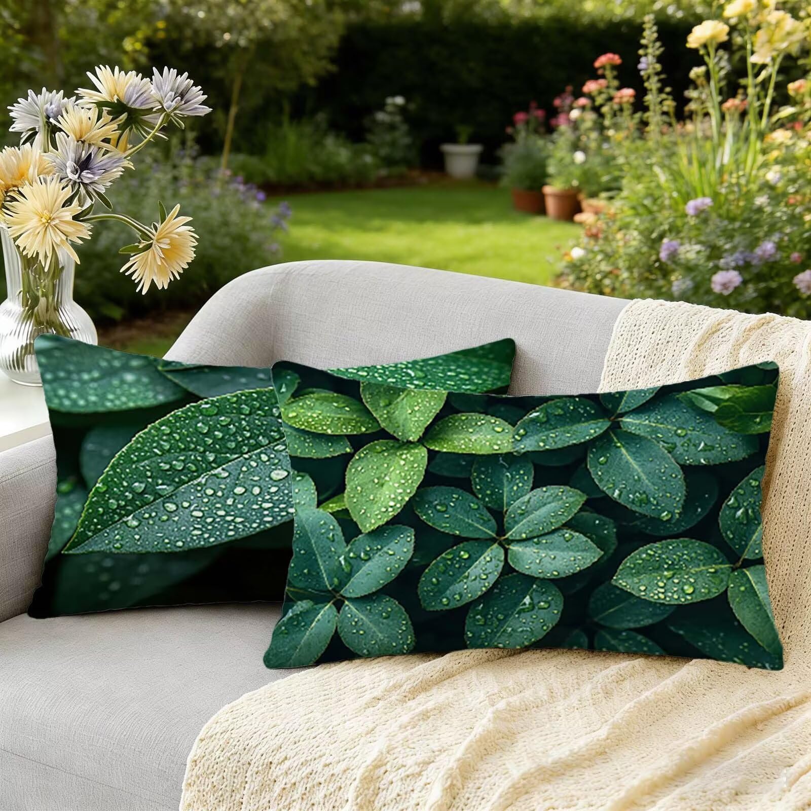 Housse coussin 40x80 lot de 2 vert imperméable en lin avec motif feuille pour canapé