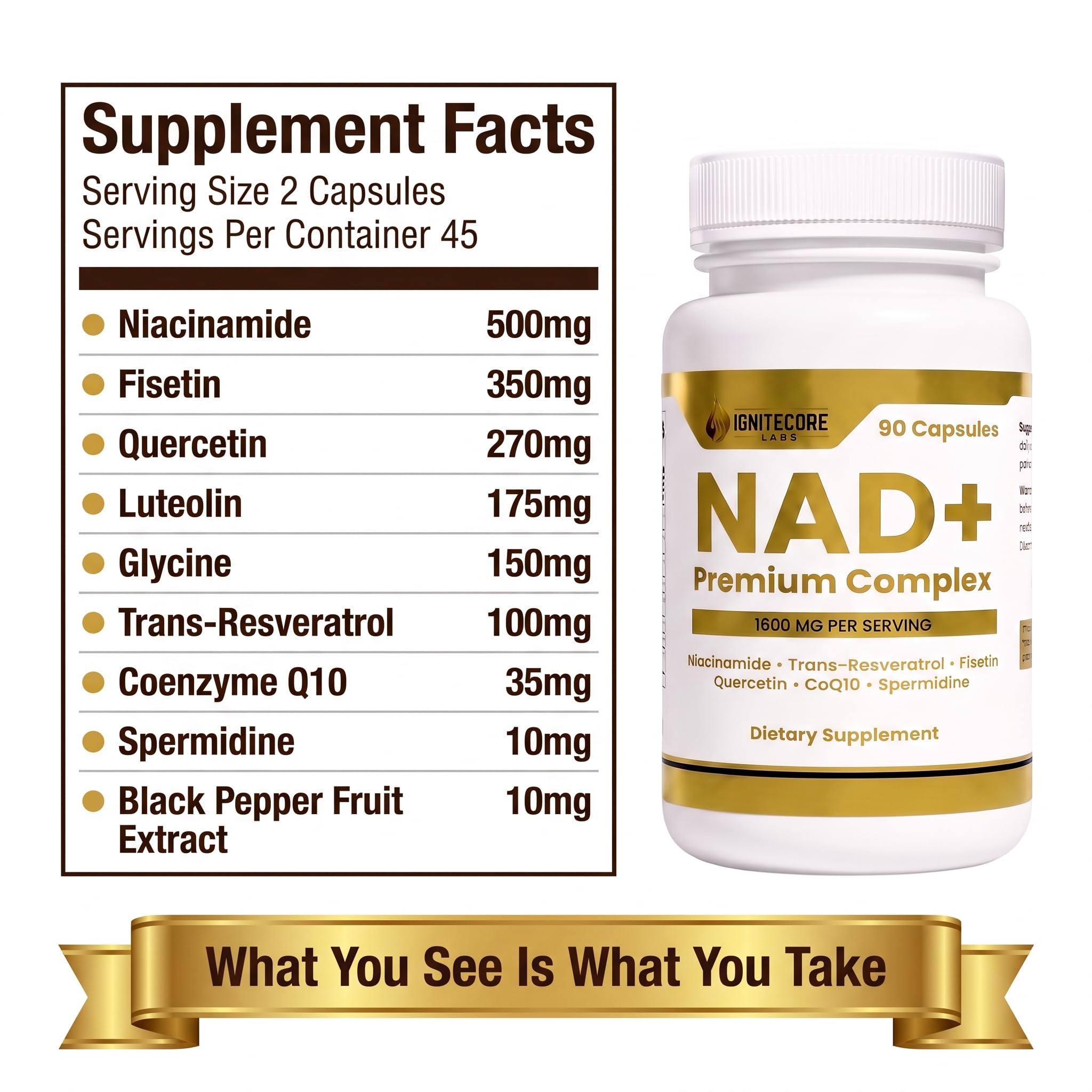 NAD+ Supplement with Spermidine, Fisetin & Trans-Resveratrol - Niacinamide 500mg Vitamin B3, Quercetin, Luteolin, CoQ10, Glycine - Healthy Aging & Cellular Energy for Women & Men, Vegan, 90 Capsules — Amazon image 6