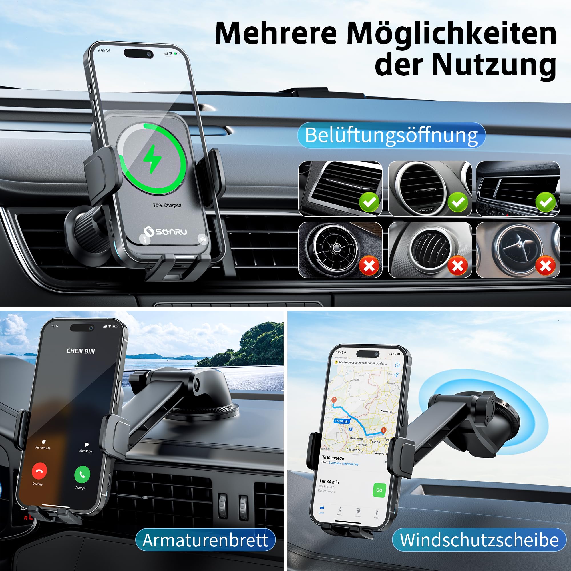SONRU Handyhalterung Auto mit Ladefunktion,15W Kfz Handyladestationen Handy Halterung Auto Induktives Laden,Handyhalterung Auto Lüftung Saugnapf für Samsung iPhone LG Google Pixel