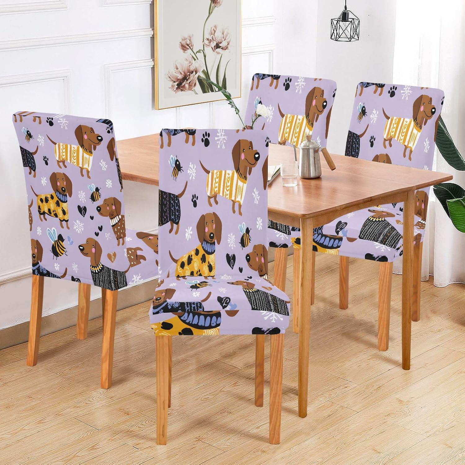 ALAZA Chair Covers for Dining Room, Purple Background Dog Pattern Stretch Chair Cover Sets Chair Protector Removable Washable for Ktichen Restaurant Hotel