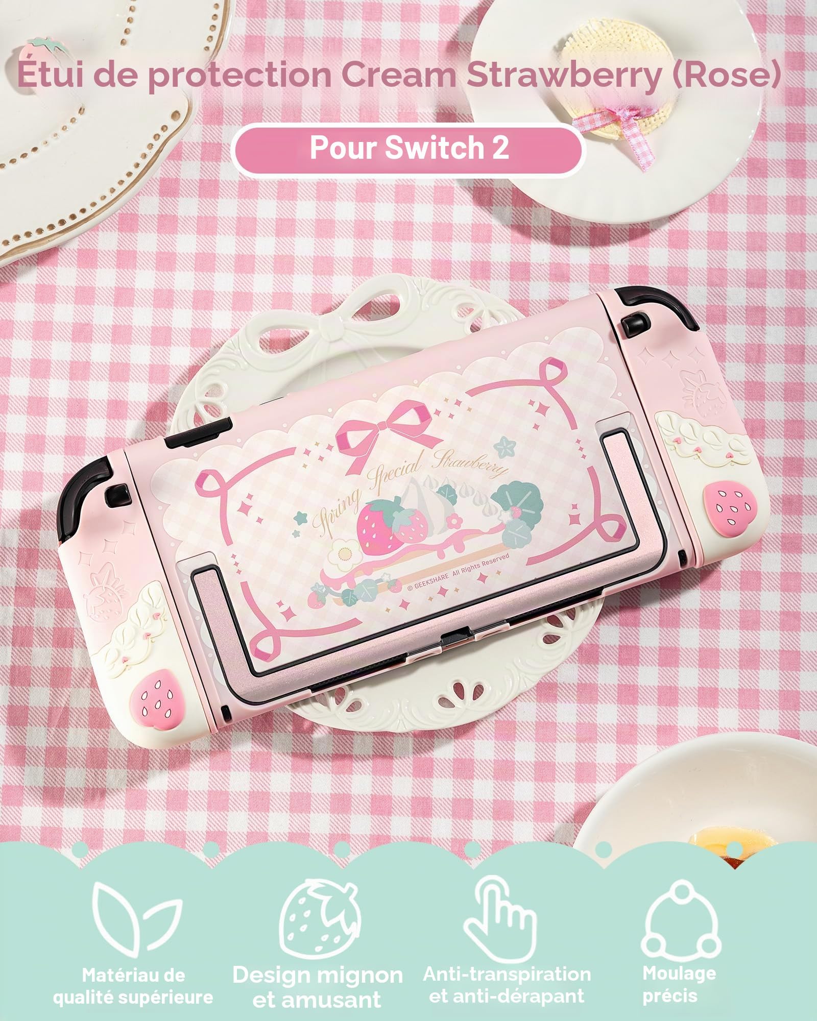 GeekShare Coque de protection en silicone souple compatible avec Switch 2 - Coque de protection séparable avec 2 capuchons pour les pouces - Fraises avec crème (rose)