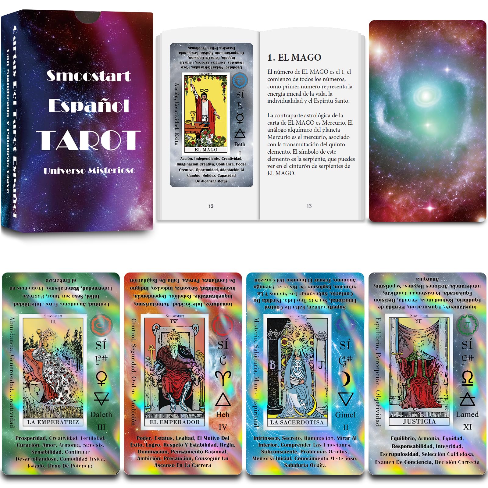 Smoostart Holographic Spanish Tarot Cards with Meanings on Them, Tarot with Guidebook for Beginners, Keywords, Element, Planet, Zodiac, Chakra, Yes or No, Musical Pitch, Numerology, Hebrew Alphabet