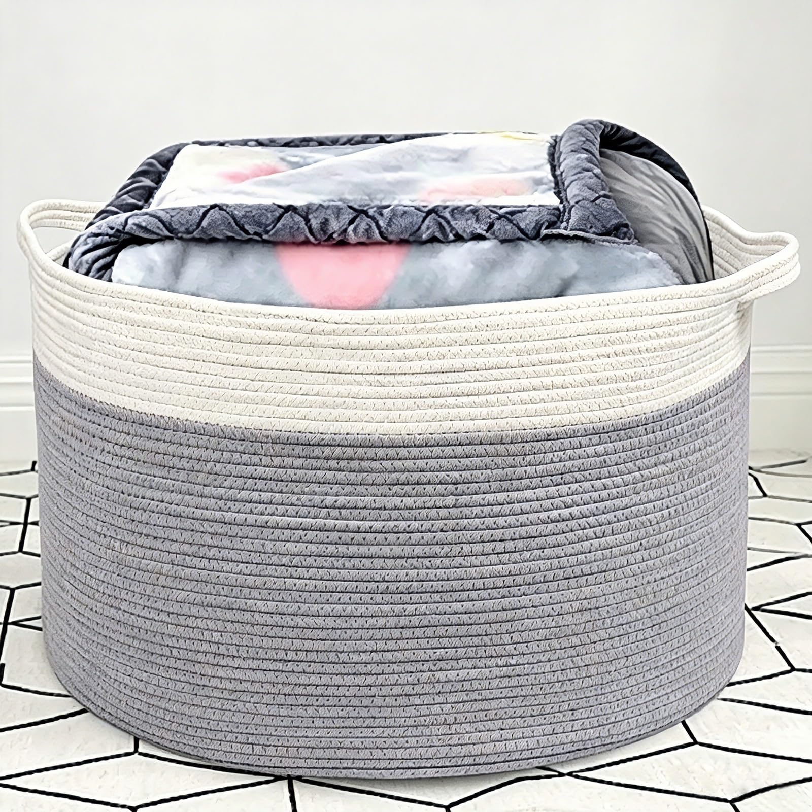 Grande Cesto Porta‑Coperte, Cesto in Cotone con Manici